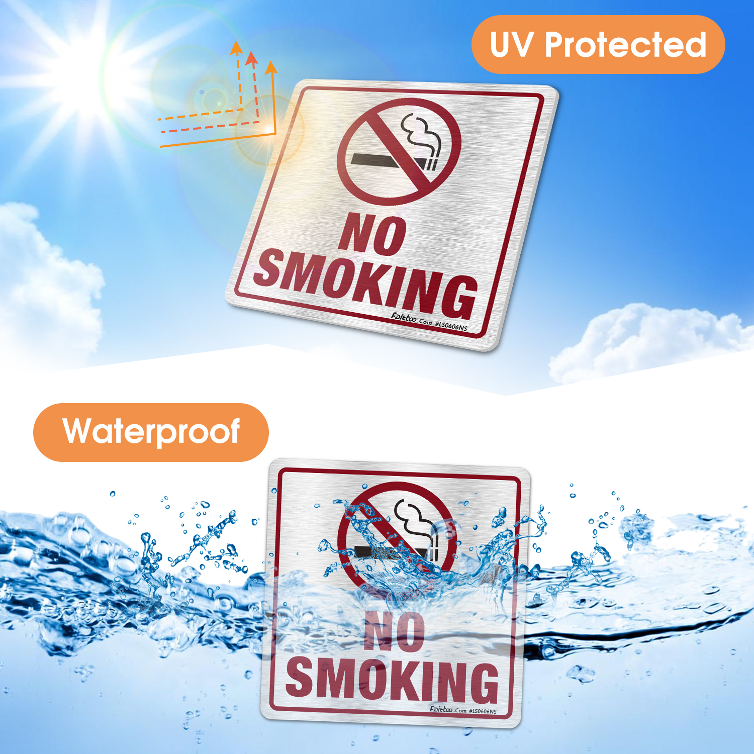 Faittoo No Smoking Sign, (4 Pack) 6 X 6 Inches Rust Free Brushed Aluminum Sign, Self-Adhesive, Fade Resistant, Use for Home Office/Business, Easy to Install, Indoor/Outdoor Use