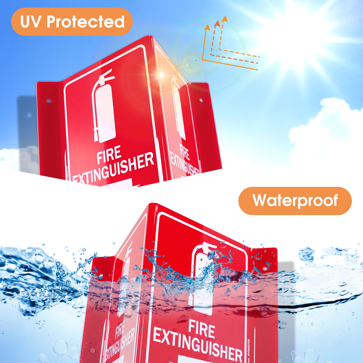 Faittoo Fire Extinguisher Sign, Fire Extinguisher with Down Arrow - 5 Pack 6 x 8 Inches V-Shaped Acrylic Plastic, 4 Pre-Drilled Holes, Includes Matching Screws, Use for Home Office/Business