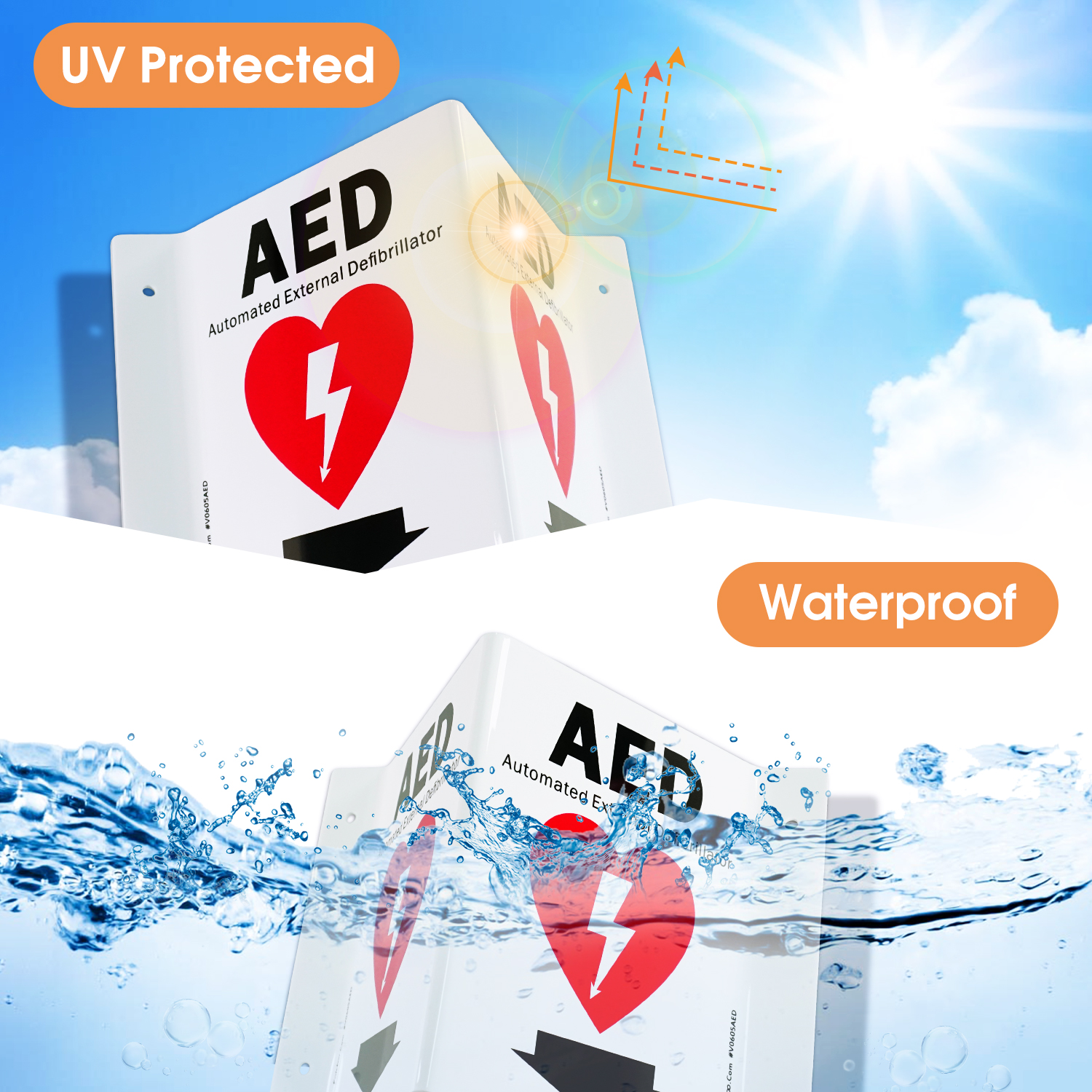 Faittoo AED Sign, AED with Down Arrow - 5 Pack 6 x 8 Inches V-Shaped Acrylic Plastic, 4 Pre-Drilled Holes, Includes Matching Screws, Use for Home Office/Business