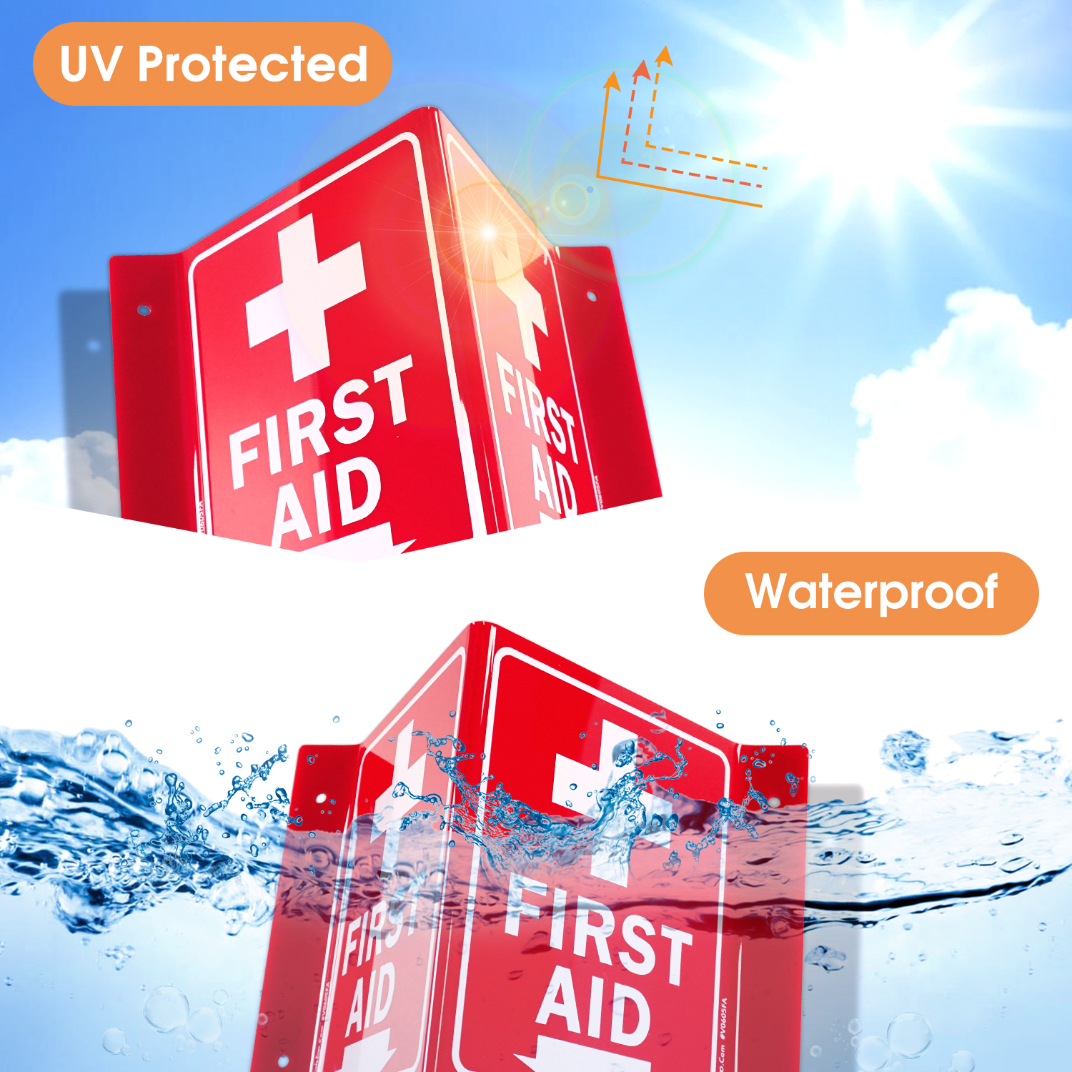 Faittoo First Aid Sign, 5 Pack First Aid with Cross Symbol - 6 x 8 Inches V-Shaped Acrylic Plastic, 4 Pre-Drilled Holes, Includes Matching Screws, Use for Home Office/Business