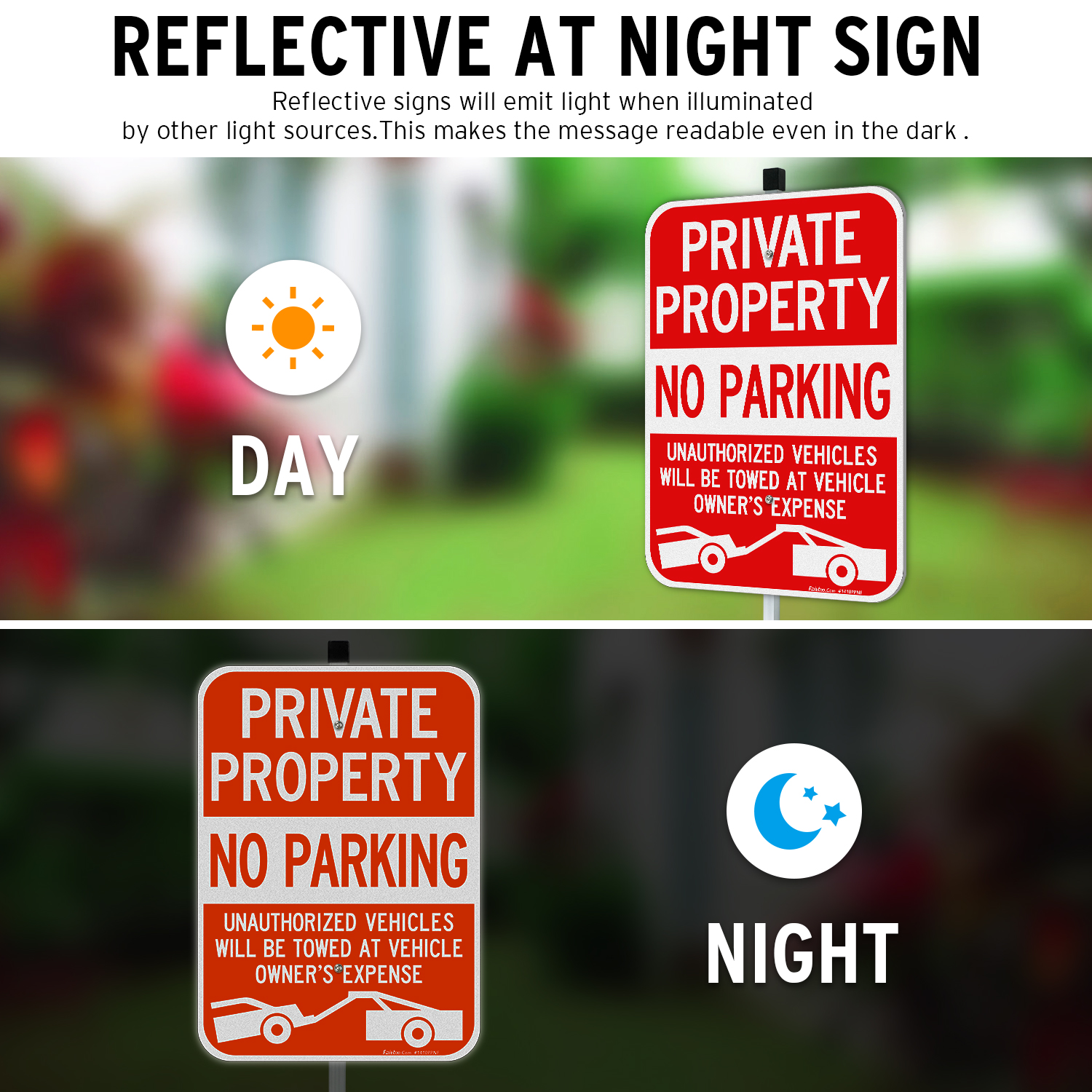 Faittoo Large Private Property No Parking Sign with 36" Stake, 14"x10" Vehicle Towed At Owner's Expense Aluminum Sign, Reflective, 2 pre-drilled holes, Includes Matching Screws & Wrench