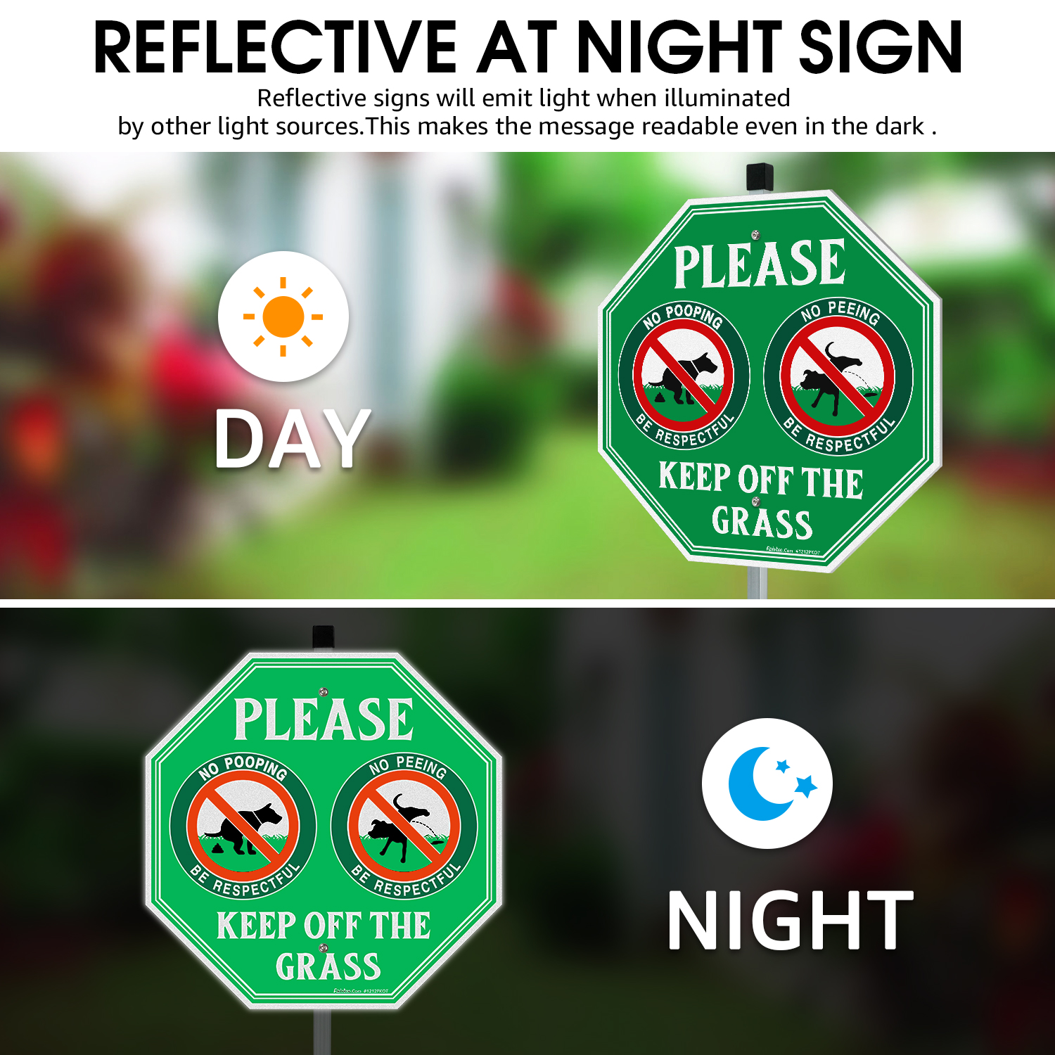 Faittoo No Peeing No Pooping Dog Sign with 36" Stake for yard, Keep off The Grass Sign, 4-Pack 12"x12" Aluminum, Reflective, Fade Resistant, 2 pre-drilled holes, Includes Matching Screws & Wrench