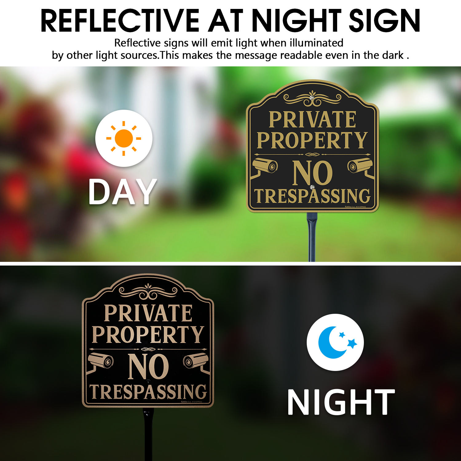 Faittoo Large No Trespassing Sign Private Property with 52" Metal Thick Stake, 2 Pack 12"x12" Rust Free Heavy Aluminum, Reflective, Fade Resistant, Easy to Mount, Outdoor use