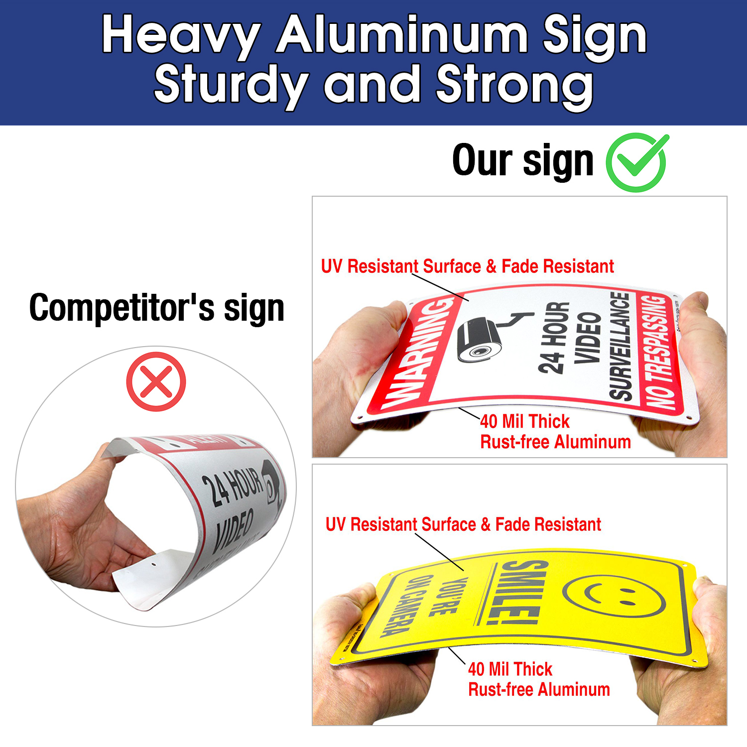 Faittoo Video Surveillance No Trespassing Smile You're On Camera Sign, (4 Pack) 10 x 7 In Rust Free .040 Aluminum Warning Sign for Home, Business, CCTV, Reflective, UV Protected, Fade Resistant