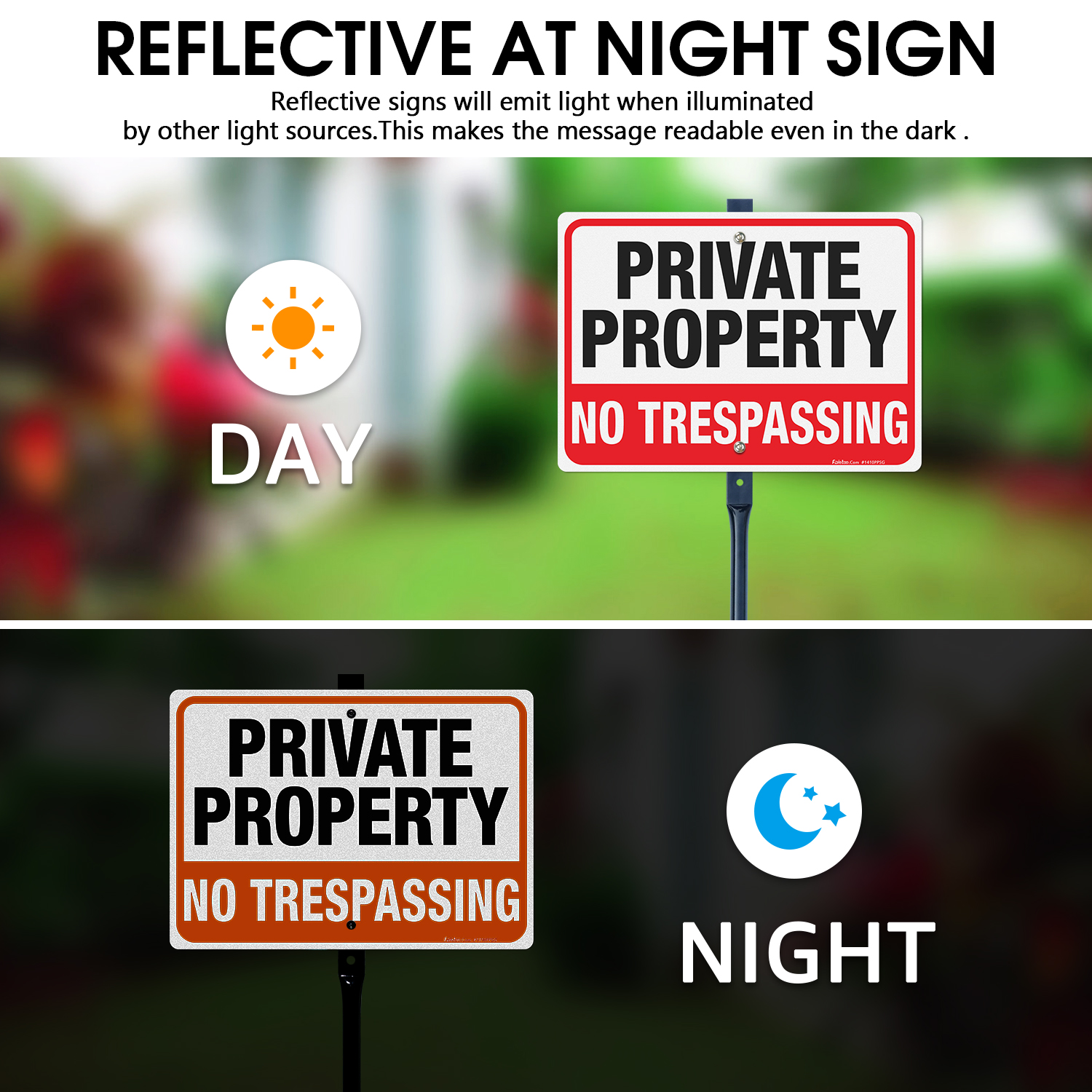 Faittoo Large No Trespassing Sign Private Property with 54" Metal Thick Stake, 14"x10" Rust Free Heavy Aluminum, Reflective, Fade Resistant, Easy to Mount, Outdoor Use