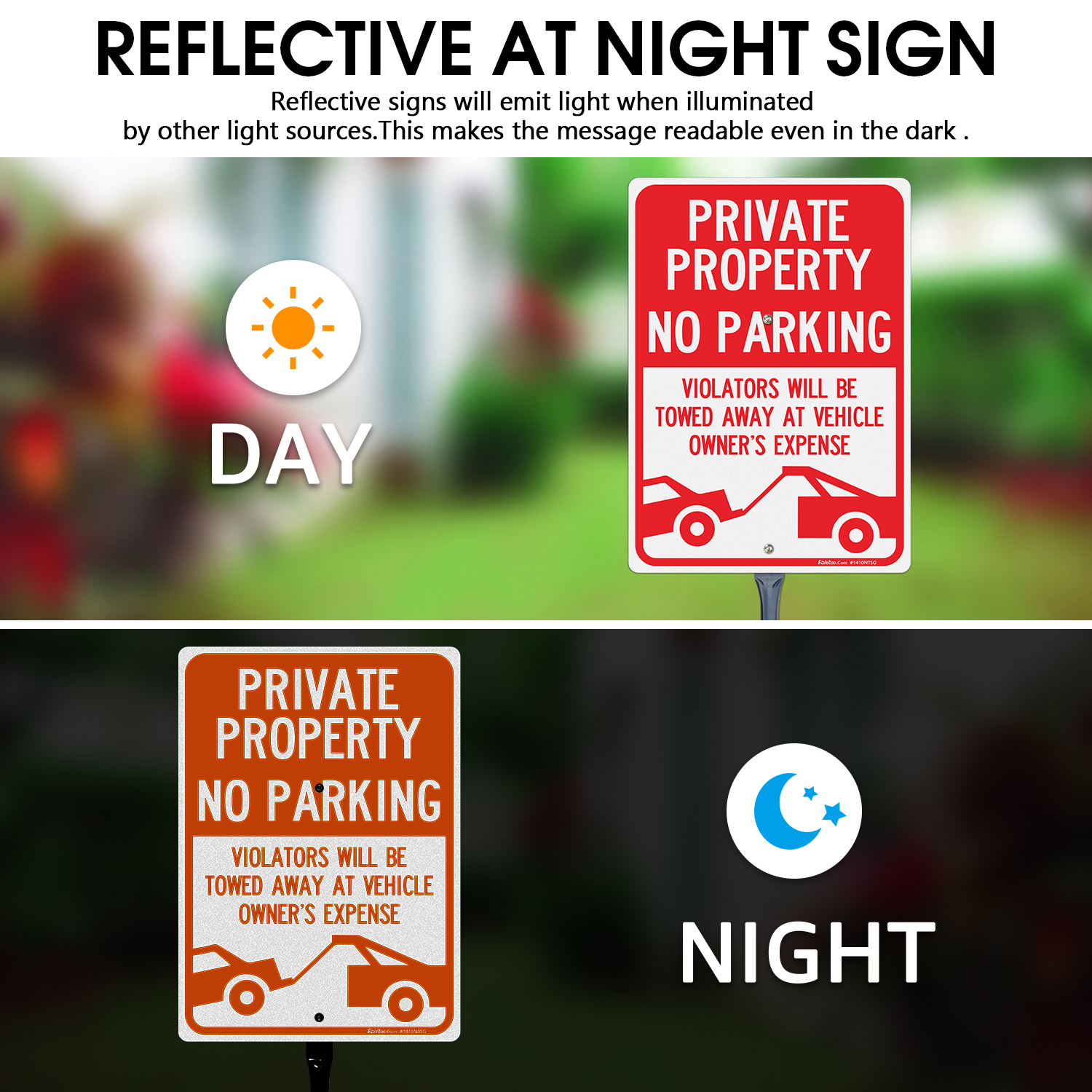 Faittoo Large Private Property No Parking Sign with 54" Metal Thick Stake, 4 Pack 14"x10" Vehicle Towed At Owner's Expense Rust Free Aluminum Sign, Reflective, Fade Resistant, Easy to Mount