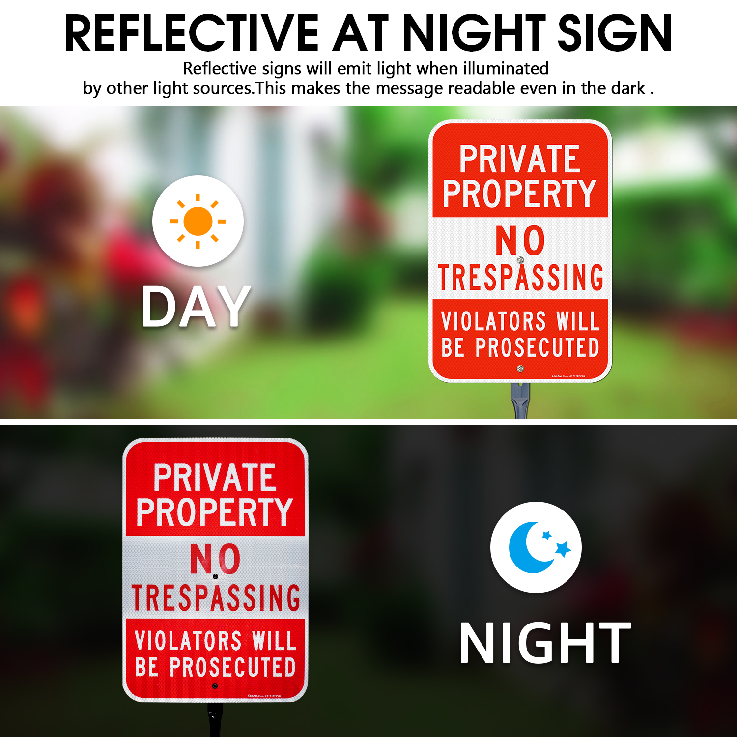 Faittoo Private Property No Trespassing Sign with 54" Metal Thick Stake, Violators Will Be Prosecuted, 17 x 12 Inches Engineer Grade Reflective Sheeting Rust Free Aluminum, Easy to Mount