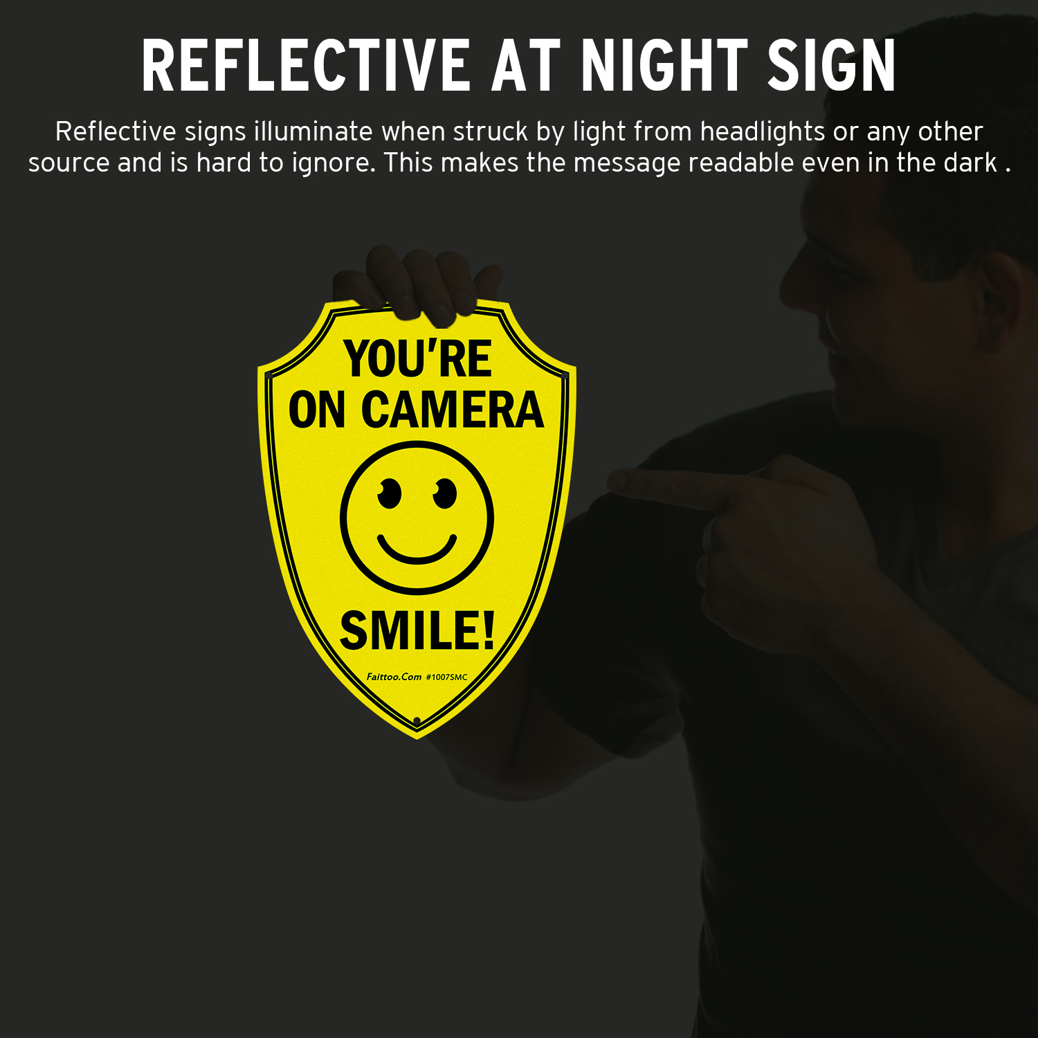 Faittoo Smile You're On Camera Sign, Video Surveillance Signs Outdoor, 4-Pack, 9.6 x 6.8 Inch Reflective Aluminum Warning Sign for Home Business CCTV Security Camera, Weather Resistant, Shield Shape