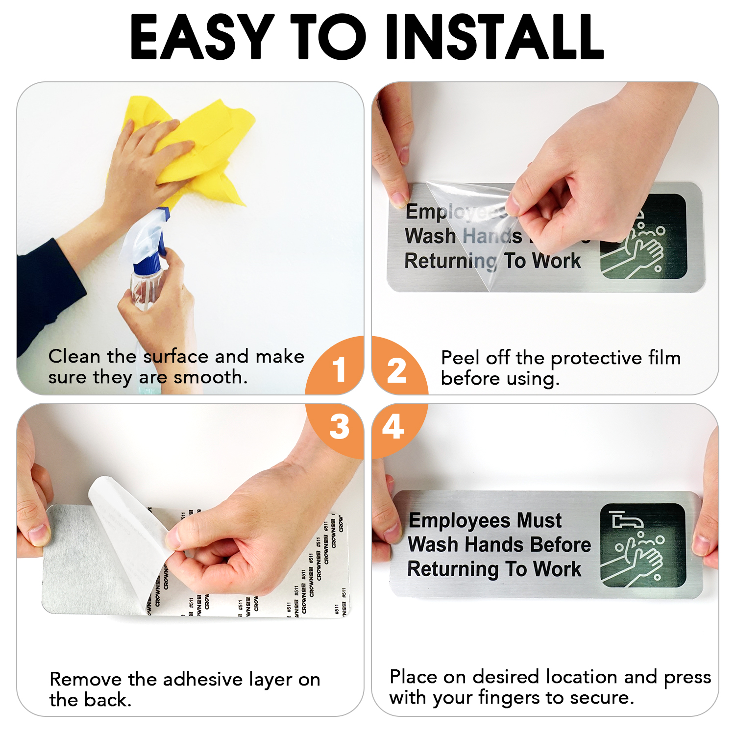 Faittoo Employees Must Wash Hands Before Returning to Work Sign, (8 Pack) Rust Free Brushed Aluminum Sign with Symbols, Self-adhesive, for Restaurant, Salons, Hotel, Rest Stops, Public Restrooms