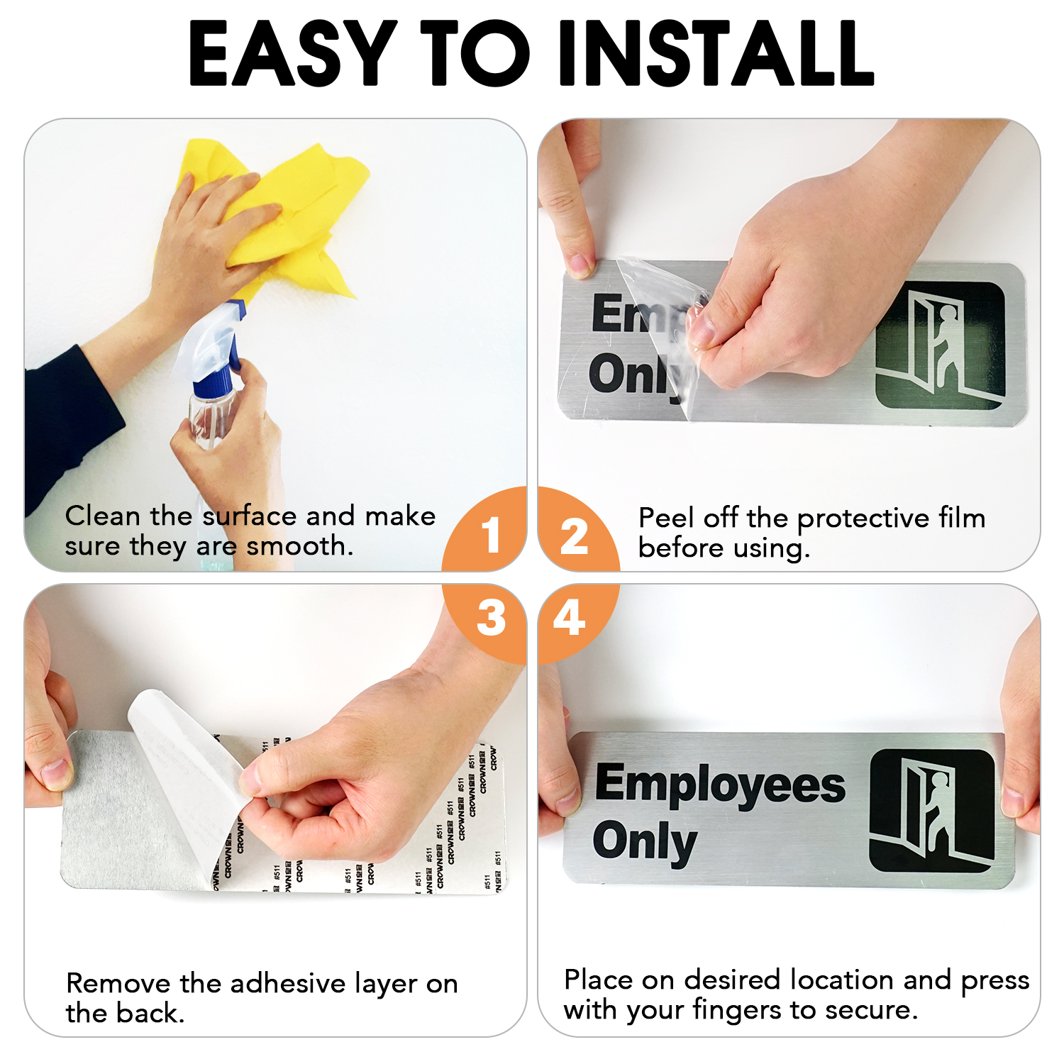 Faittoo Employees Only Sign, (4 Pack) 9 X 3 Inches Informative Rust Free Brushed Aluminum Sign with Symbols, Fade Resistant, Use for Door of Office/Business, Easy to Install