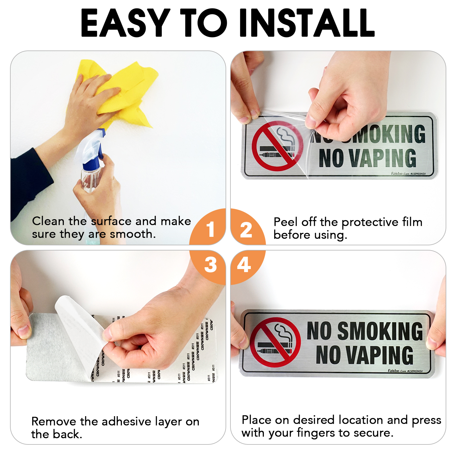 Faittoo No Smoking No Vaping Sign, (8 Pack) 9 X 3 Inches Rust Free Brushed Aluminum Sign, Fade Resistant, Use for Door of Office/Business, Easy to Install
