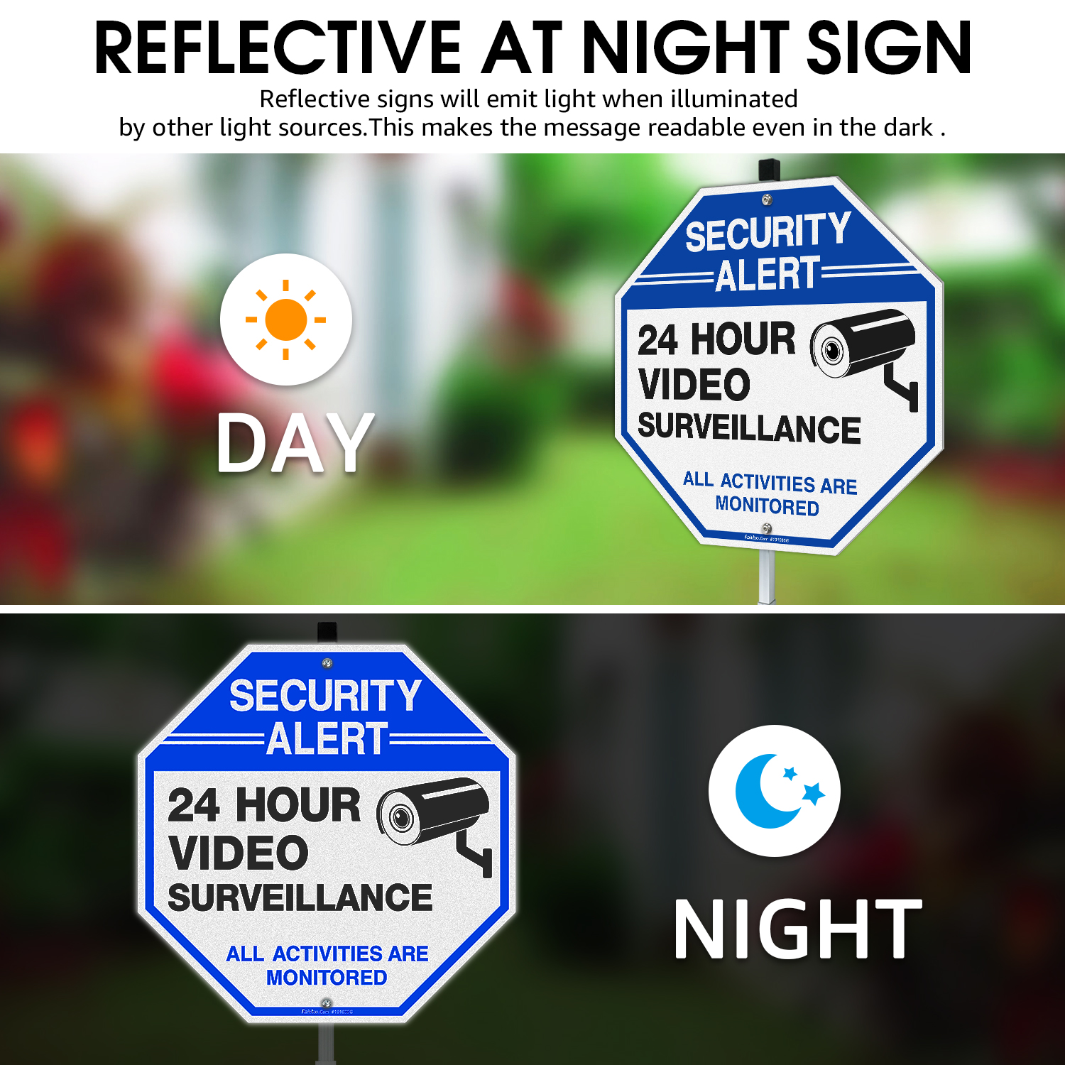 Faittoo Security Sign Video Surveillance Sign with 42" Stake, 4-Pack 10"x10" Rust Free Heavy Aluminum, Reflective, Fade Resistant, 2 pre-drilled holes, Includes Matching Screws & Wrench