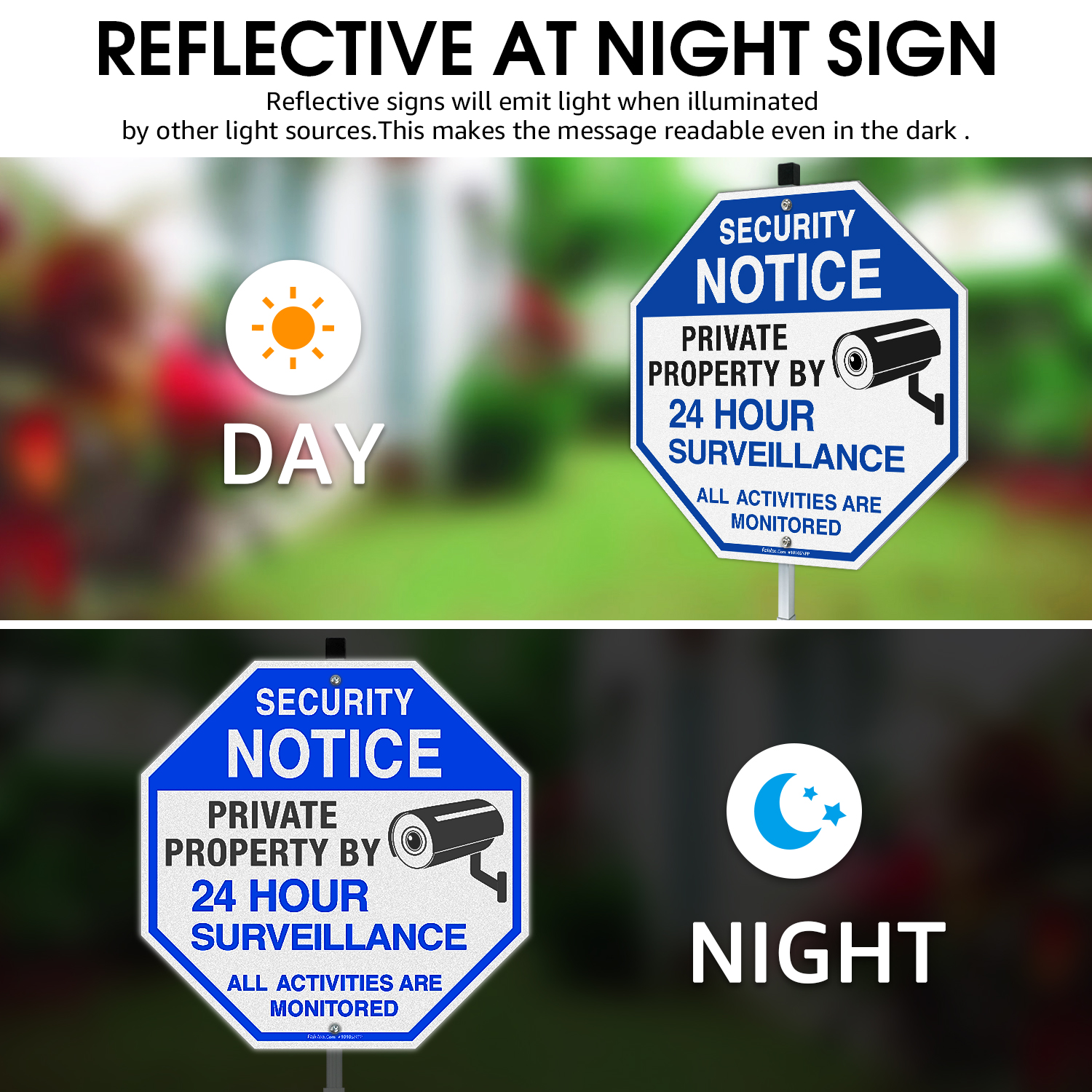Faittoo Security Signs Private Property Video Surveillance Sign with 42" Stake, 2-Pack 10"x10" Rust Free Aluminum, Reflective, Fade Resistant, 2 pre-drilled holes, Includes Matching Screws & Wrench