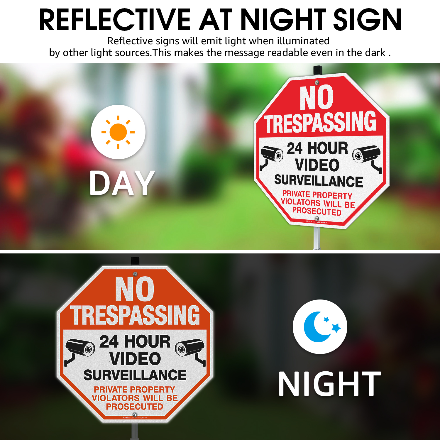 Faittoo No Trespassing Signs Private Property with 42" Stake for Outside, 10"x10" Video Surveillance Sign, Rust Free Aluminum, Reflective, 2 pre-drilled holes, Includes Matching Screws & Wren