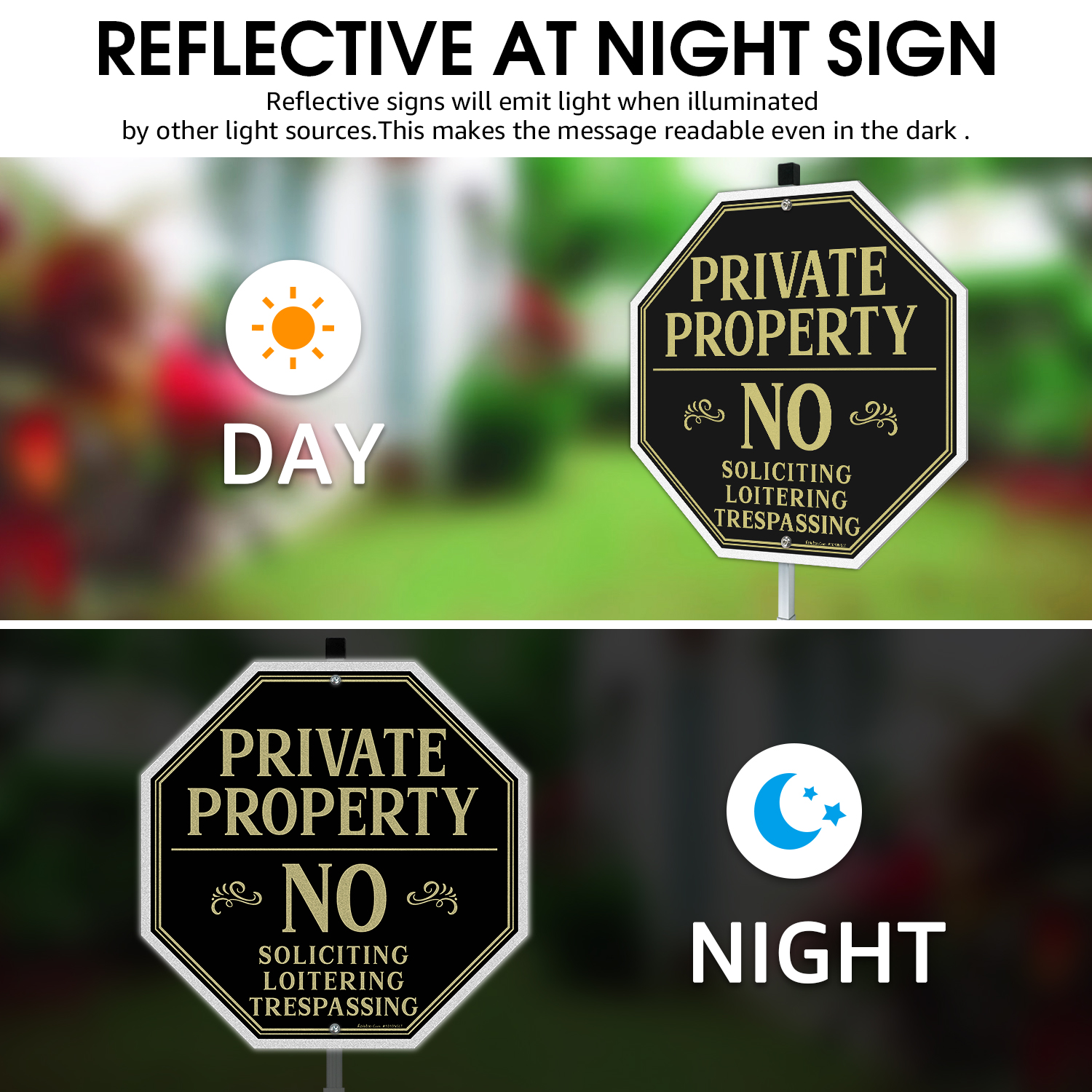 Faittoo Private Property No Soliciting Sign for House with 42" Stake, 10"x10" Rust Free Heavy Aluminum, Reflective, Fade Resistant, 2 pre-drilled holes, Includes Matching Screws & Wrench