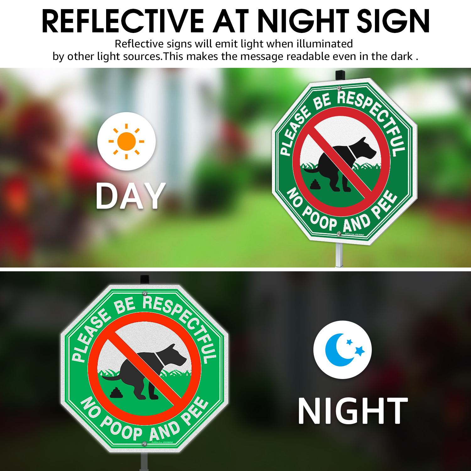 Faittoo No Peeing No Pooping Dog Sign with 42" Stake for yard, 2-Pack 10"x10" Rust Free Heavy Aluminum, Reflective, Fade Resistant, 2 pre-drilled holes, Includes Matching Screws & Wrench