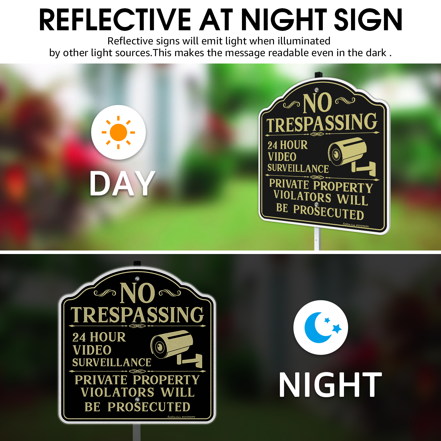 Faittoo No Trespassing Signs Private Property Video Surveillance Sign with 42" Stake, 2-Pack 12"x12" Rust Free Aluminum, Reflective, 2 pre-drilled holes, Includes Matching Screws & Wren