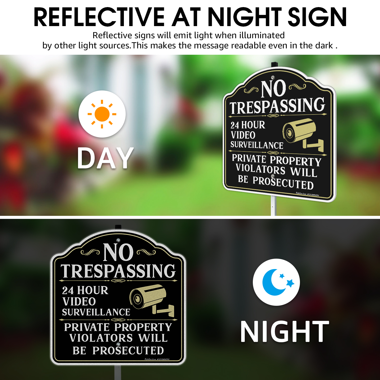 Faittoo No Trespassing Signs Private Property Video Surveillance Sign with 42" Stake, 4-Pack 12"x12" Rust Free Aluminum, Reflective, 2 pre-drilled holes, Includes Matching Screws & Wren (White)