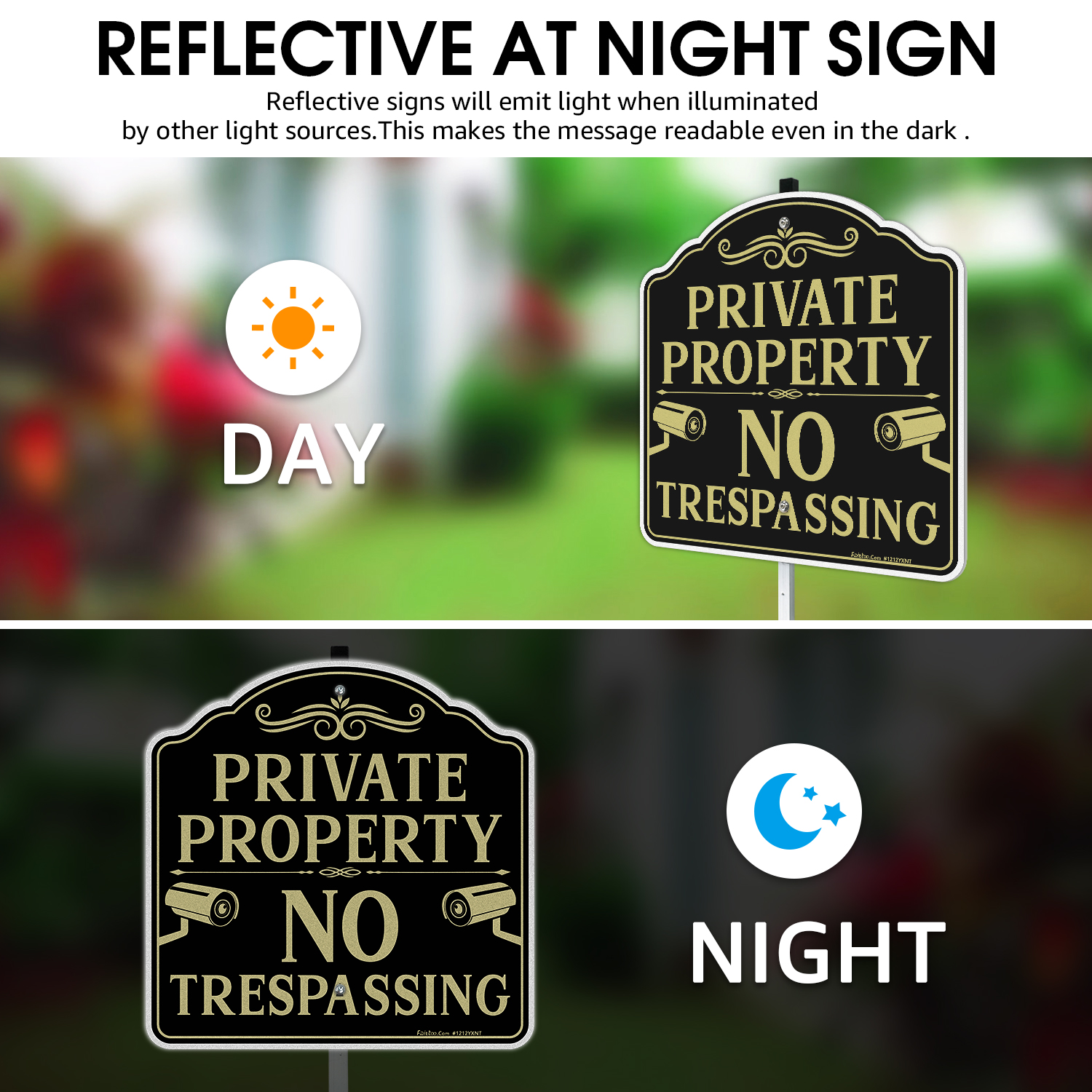 Faittoo No Trespassing Sign Private Property with 42" Stake, 12"x12" Rust Free Heavy Aluminum, Reflective, Fade Resistant, 2 pre-drilled holes, Includes Matching Screws & Wrench