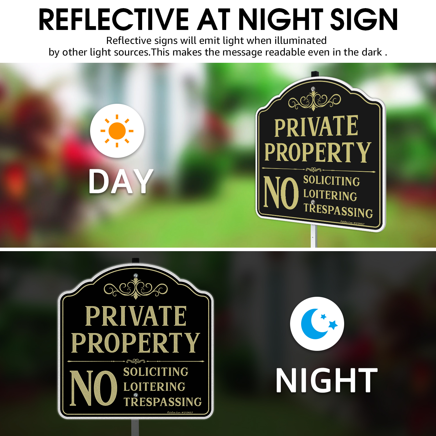 Faittoo Private Property No Soliciting Sign for House with 42" Stake, 4-Pack 12"x12" Rust Free Heavy Aluminum, Reflective, Fade Resistant, 2 pre-drilled holes, Includes Matching Screws & Wrench