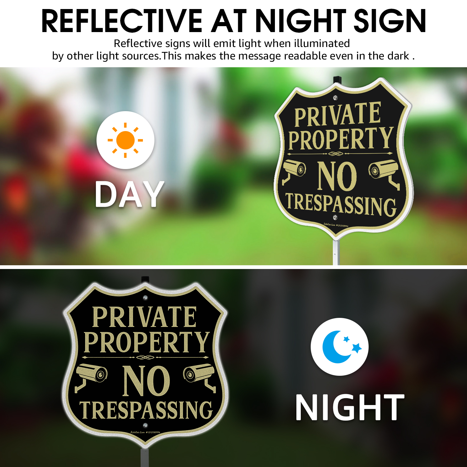 Faittoo No Trespassing Signs Private Property Video Surveillance Sign with 42" Stake, 2-Pack 12"x12" Rust Free Aluminum, Reflective, 2 pre-drilled holes, Includes Matching Screws & Wren