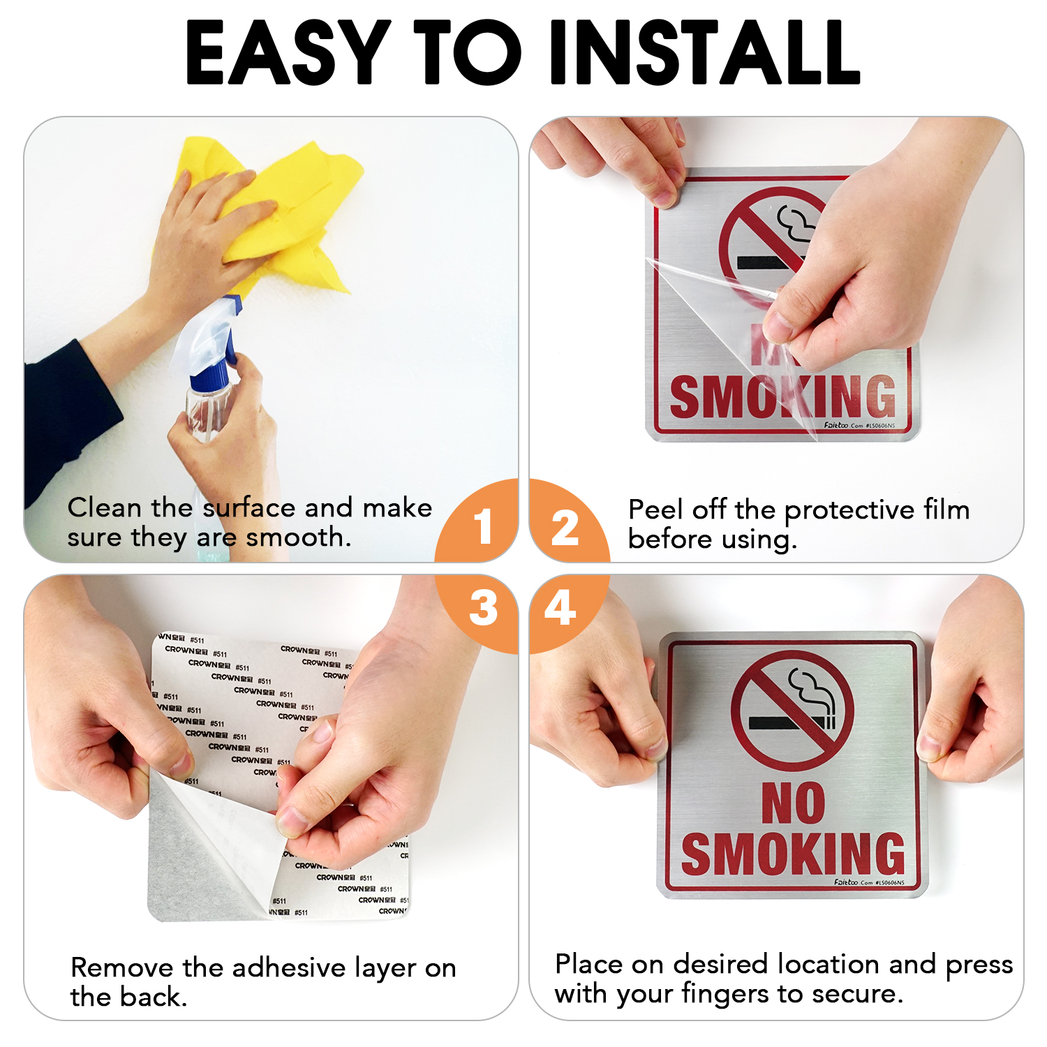Faittoo No Smoking Sign, (4 Pack) 6 X 6 Inches Rust Free Brushed Aluminum Sign, Self-Adhesive, Fade Resistant, Use for Home Office/Business, Easy to Install, Indoor/Outdoor Use