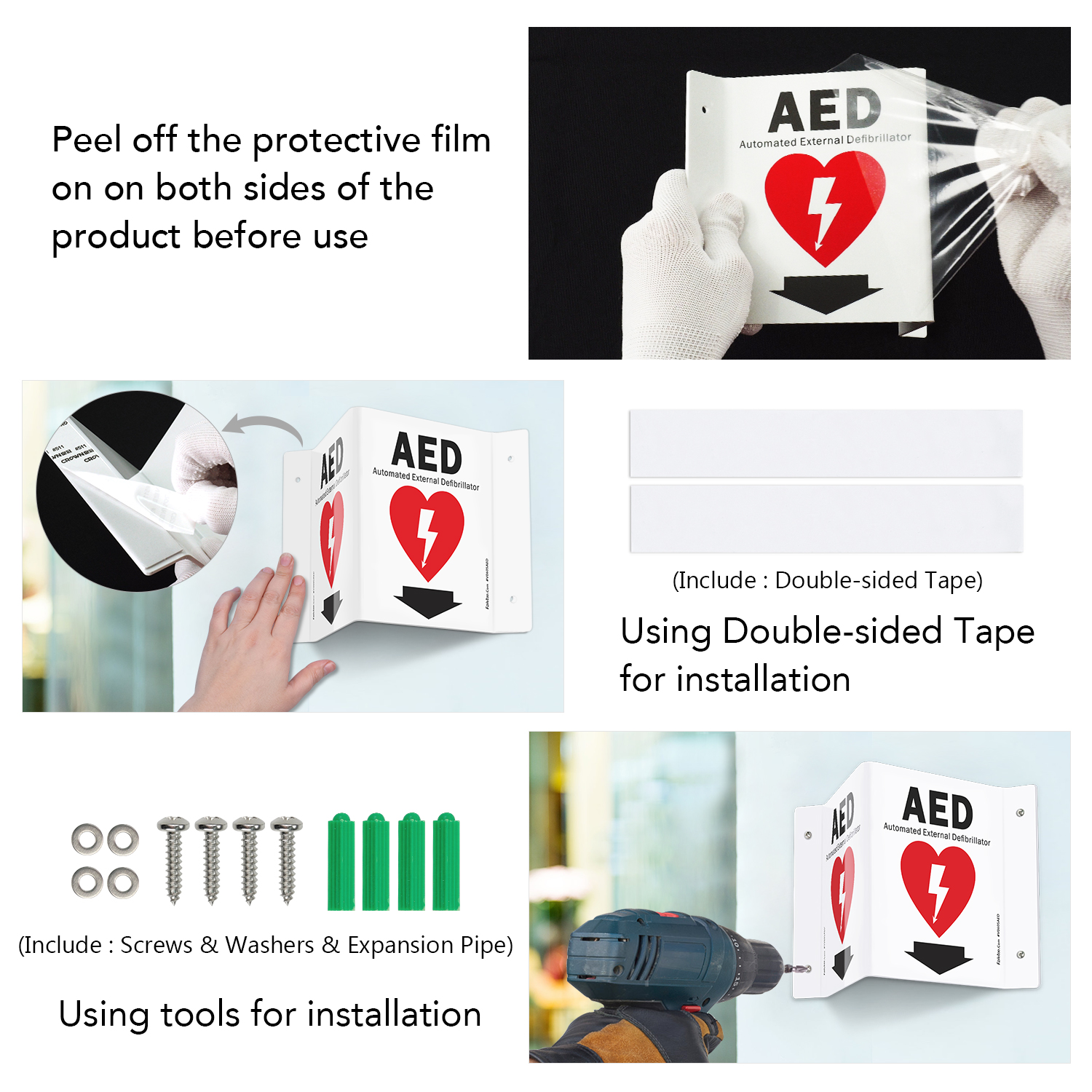 Faittoo AED Sign, AED with Down Arrow - 5 Pack 6 x 8 Inches V-Shaped Acrylic Plastic, 4 Pre-Drilled Holes, Includes Matching Screws, Use for Home Office/Business