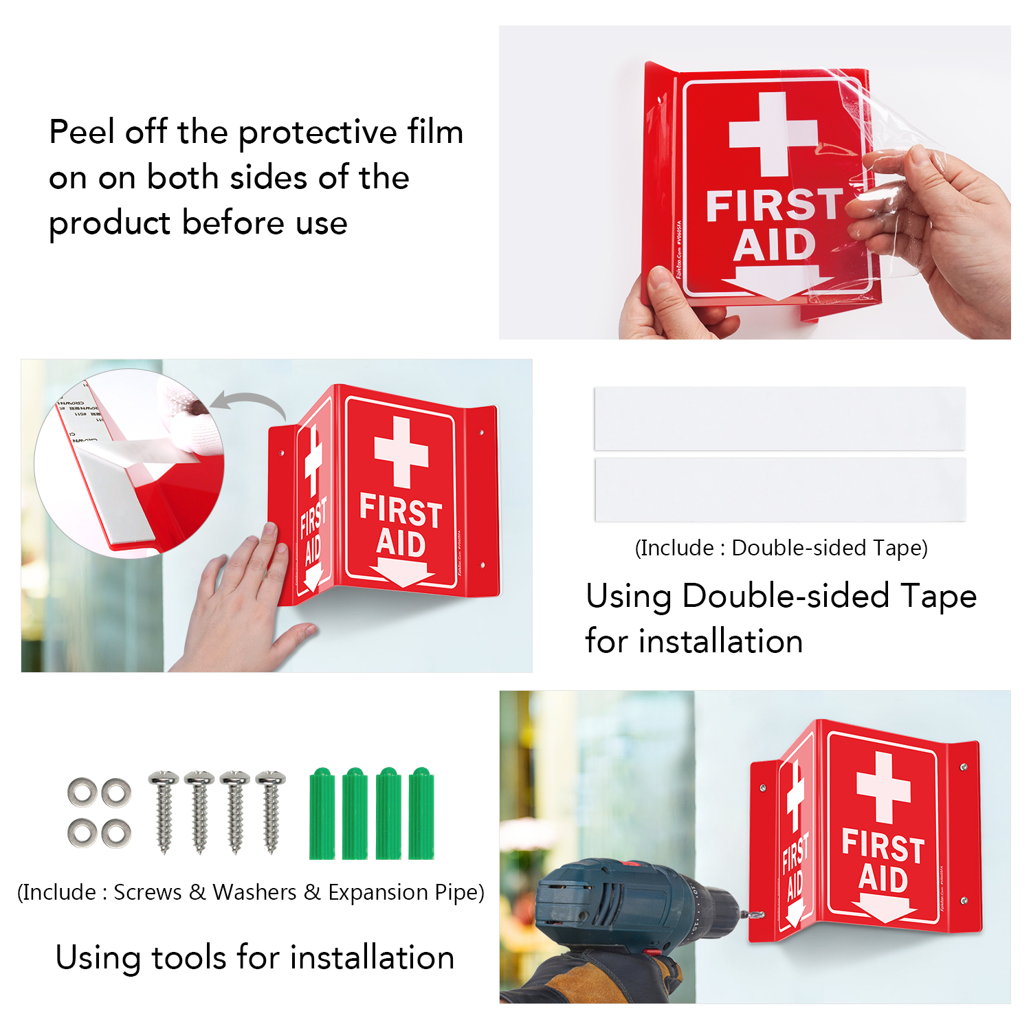 Faittoo First Aid Sign, 5 Pack First Aid with Cross Symbol - 6 x 8 Inches V-Shaped Acrylic Plastic, 4 Pre-Drilled Holes, Includes Matching Screws, Use for Home Office/Business