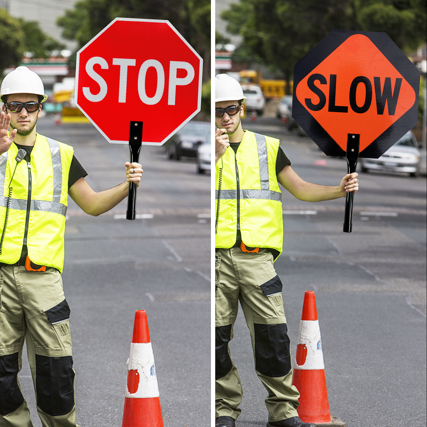 Faittoo Stop Slow Sign with Metal Handle, 2 Pack 18" x 18" Double Sided Engineer Grade Aluminum Sign, Multicolor, Reflective,Sturdy, Easy to Assemble