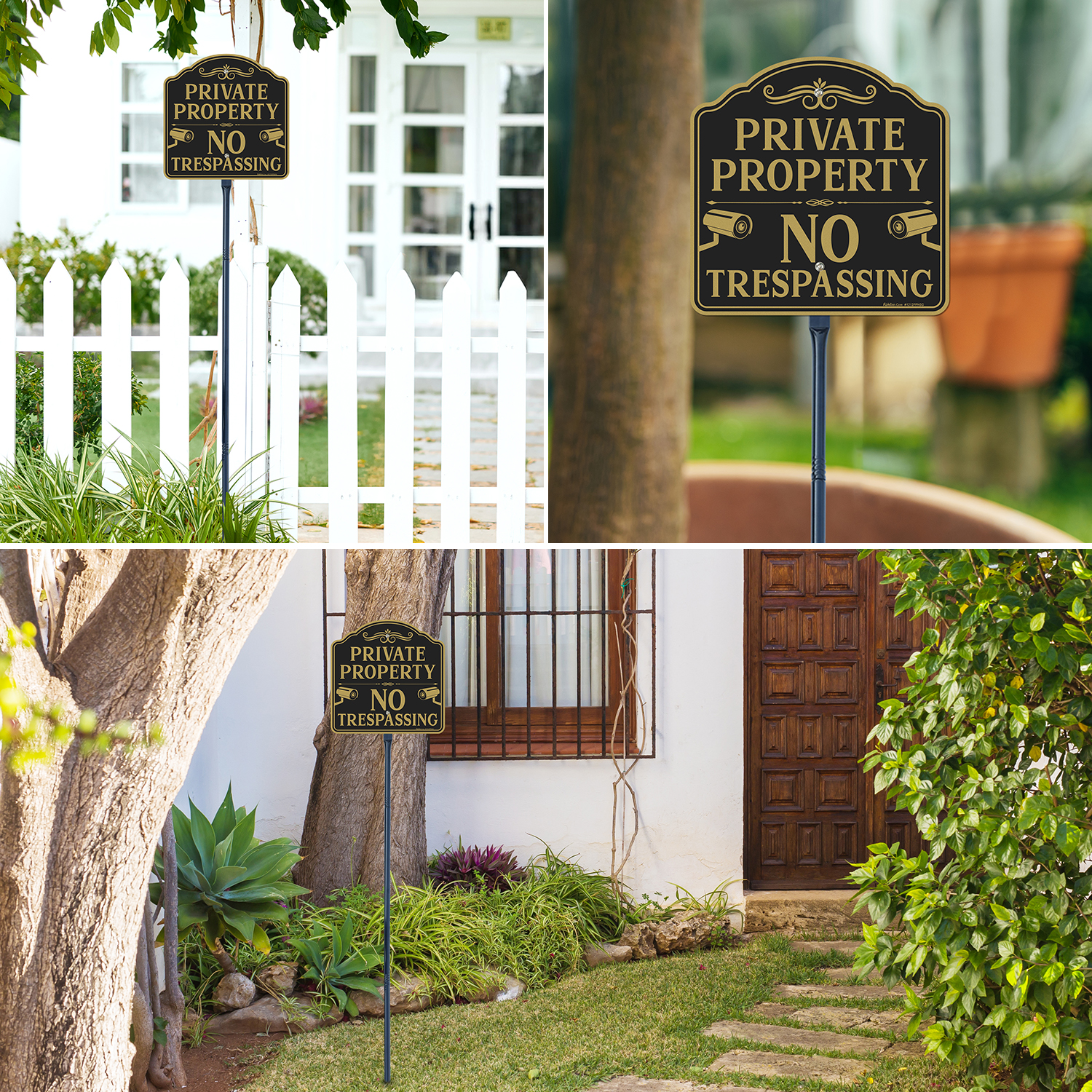 Faittoo Large No Trespassing Sign Private Property with 52" Metal Thick Stake, 2 Pack 12"x12" Rust Free Heavy Aluminum, Reflective, Fade Resistant, Easy to Mount, Outdoor use