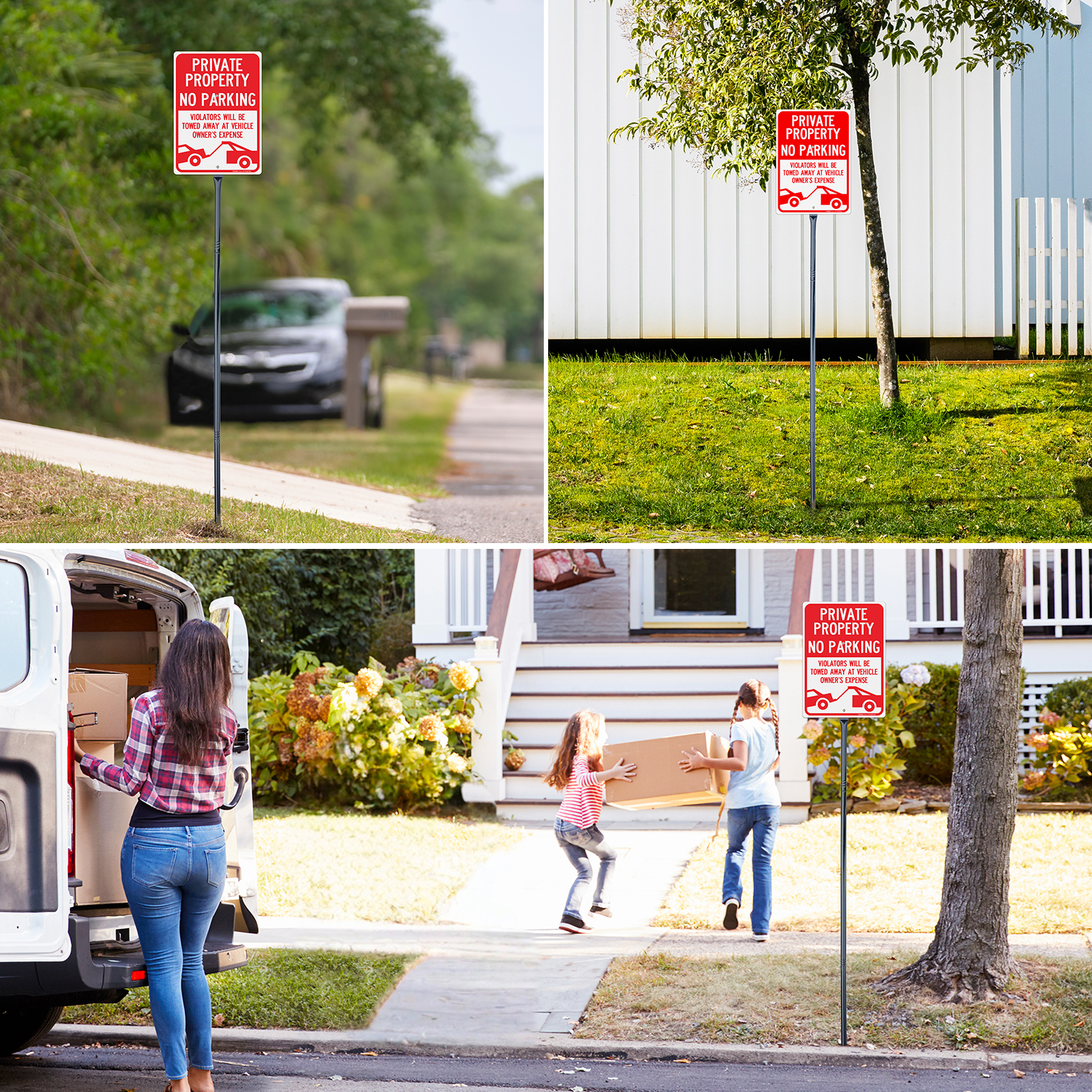 Faittoo Large Private Property No Parking Sign with 54" Metal Thick Stake, 4 Pack 14"x10" Vehicle Towed At Owner's Expense Rust Free Aluminum Sign, Reflective, Fade Resistant, Easy to Mount