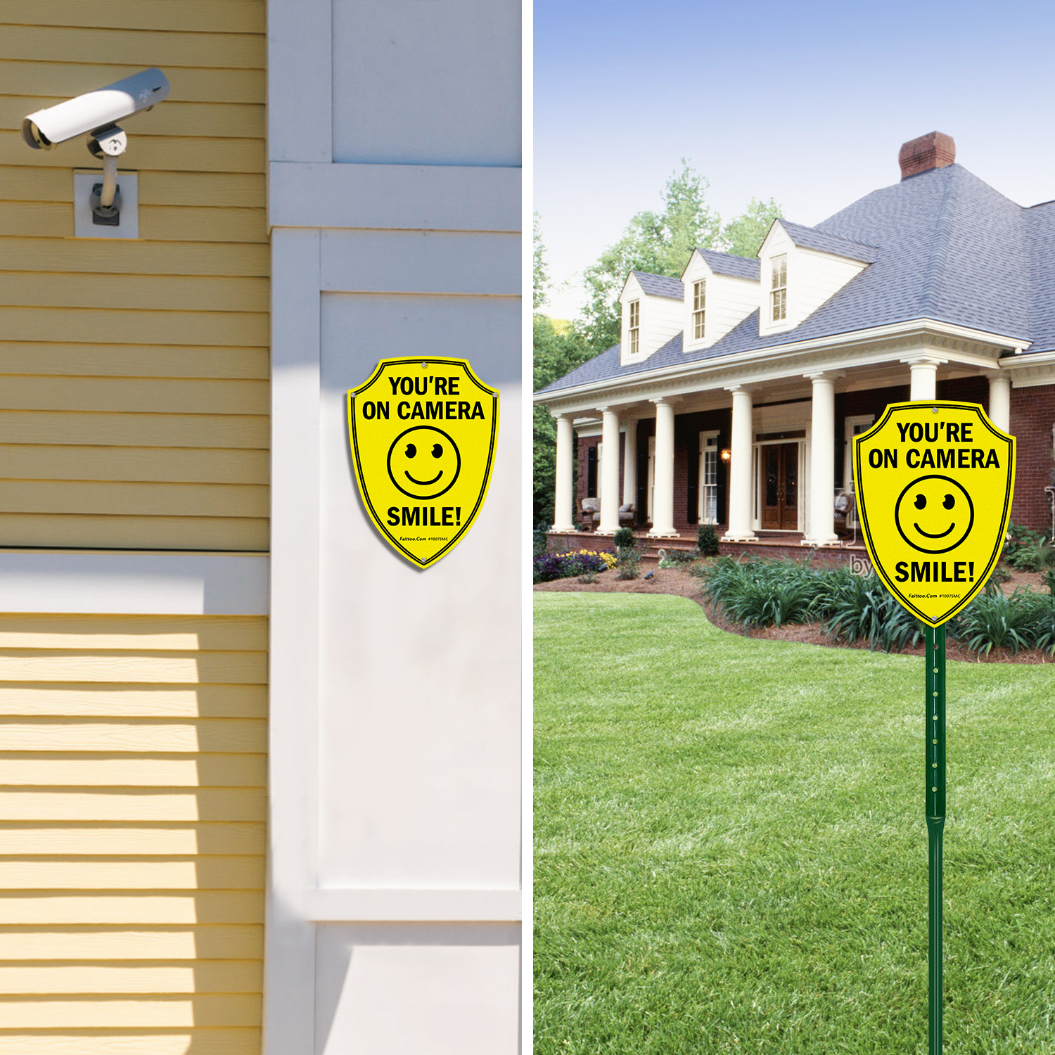 Faittoo Smile You're On Camera Sign, Video Surveillance Signs Outdoor, 4-Pack, 9.6 x 6.8 Inch Reflective Aluminum Warning Sign for Home Business CCTV Security Camera, Weather Resistant, Shield Shape