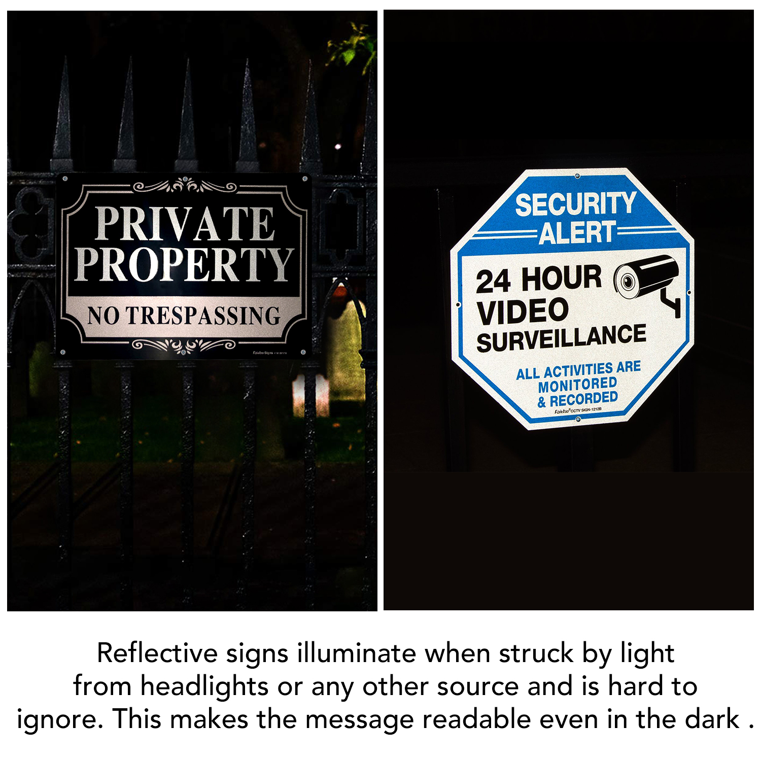 Faittoo 10 inches Video Surveillance Signs with 10 x 7 inches Private Property No Trespassing Signs，0.40 Aluminum Reflective Metal Signs. Indoor or Outdoor Use for Home Business