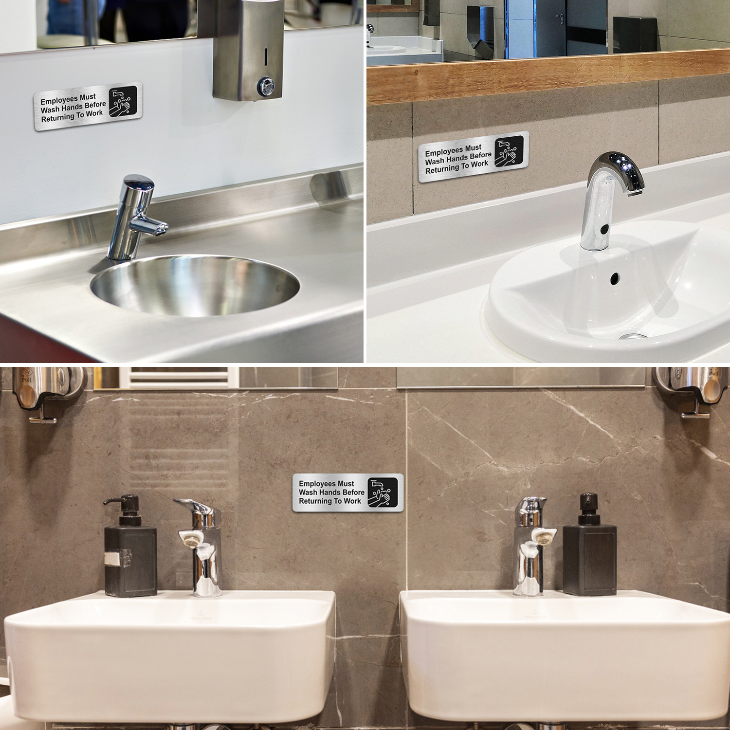 Faittoo Employees Must Wash Hands Before Returning to Work Sign, (8 Pack) Rust Free Brushed Aluminum Sign with Symbols, Self-adhesive, for Restaurant, Salons, Hotel, Rest Stops, Public Restrooms