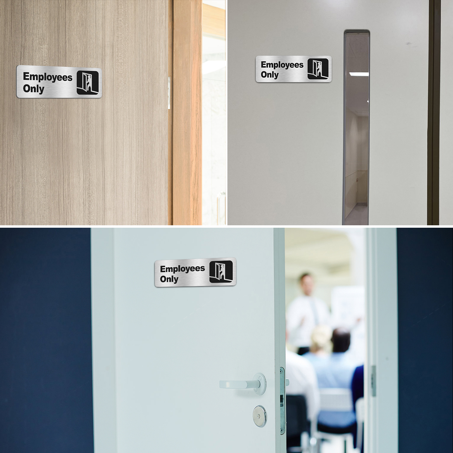 Faittoo Employees Only Sign, (4 Pack) 9 X 3 Inches Informative Rust Free Brushed Aluminum Sign with Symbols, Fade Resistant, Use for Door of Office/Business, Easy to Install