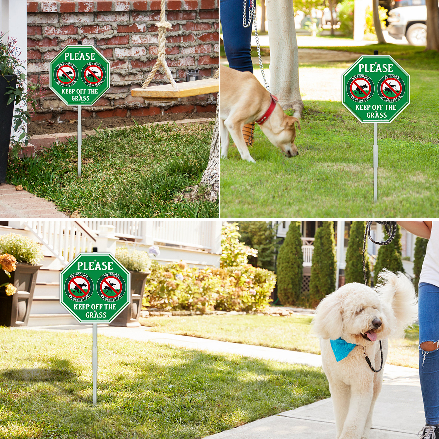 Faittoo No Peeing No Pooping Dog Sign with 36" Stake for yard, Keep off The Grass Sign, 4-Pack 12"x12" Aluminum, Reflective, Fade Resistant, 2 pre-drilled holes, Includes Matching Screws & Wrench
