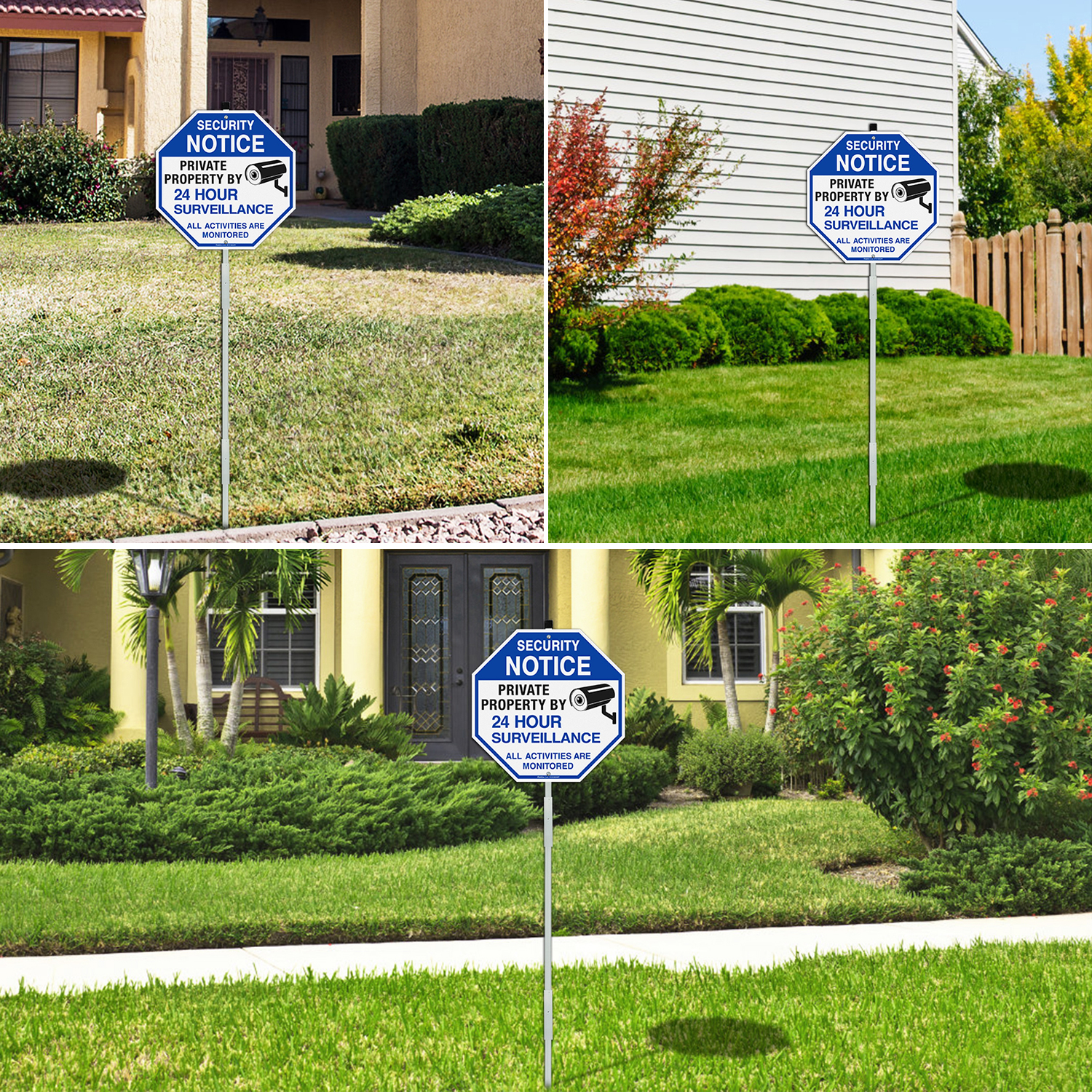 Faittoo Security Signs Private Property Video Surveillance Sign with 42" Stake, 2-Pack 10"x10" Rust Free Aluminum, Reflective, Fade Resistant, 2 pre-drilled holes, Includes Matching Screws & Wrench