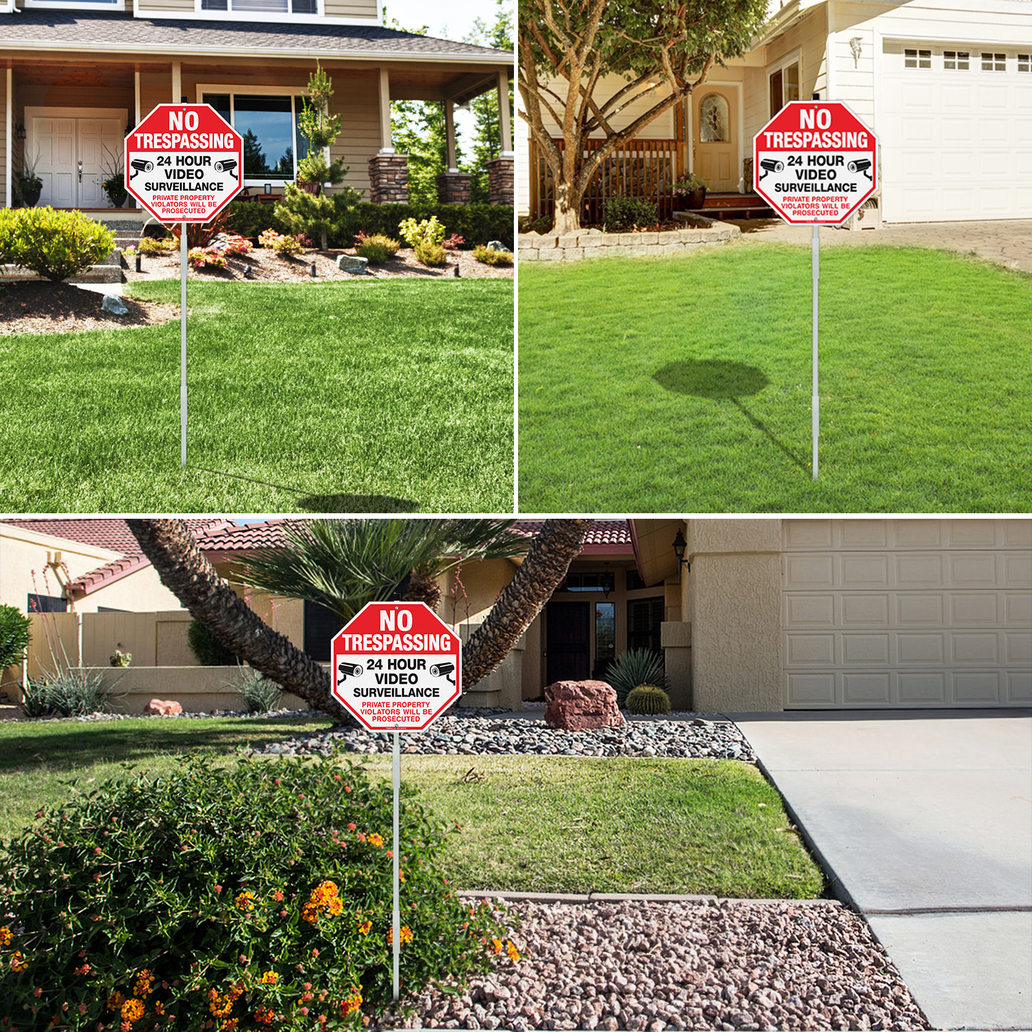 Faittoo No Trespassing Signs Private Property with 42" Stake for Outside, 10"x10" Video Surveillance Sign, Rust Free Aluminum, Reflective, 2 pre-drilled holes, Includes Matching Screws & Wren