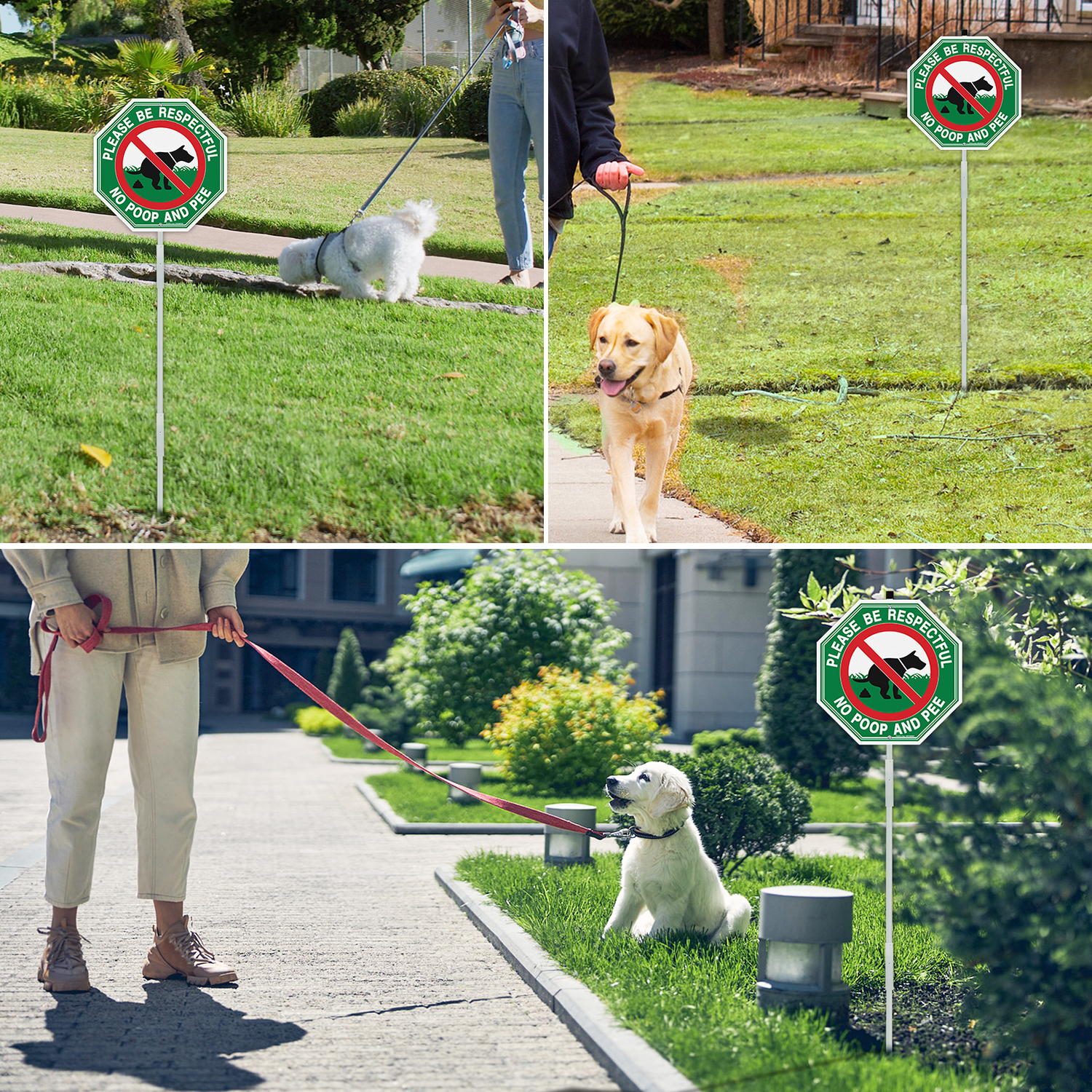 Faittoo No Peeing No Pooping Dog Sign with 42" Stake for yard, 2-Pack 10"x10" Rust Free Heavy Aluminum, Reflective, Fade Resistant, 2 pre-drilled holes, Includes Matching Screws & Wrench