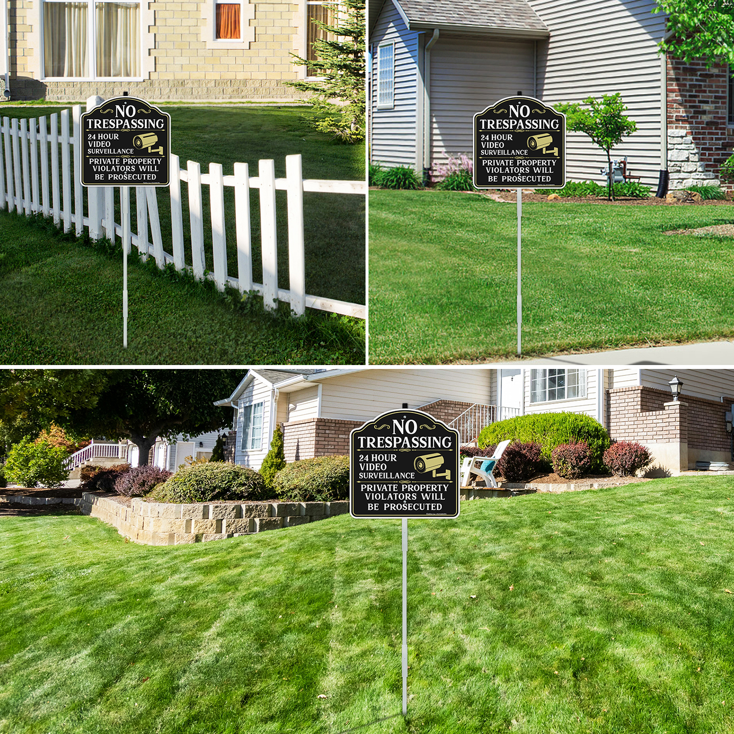 Faittoo No Trespassing Signs Private Property Video Surveillance Sign with 42" Stake, 4-Pack 12"x12" Rust Free Aluminum, Reflective, 2 pre-drilled holes, Includes Matching Screws & Wren (White)