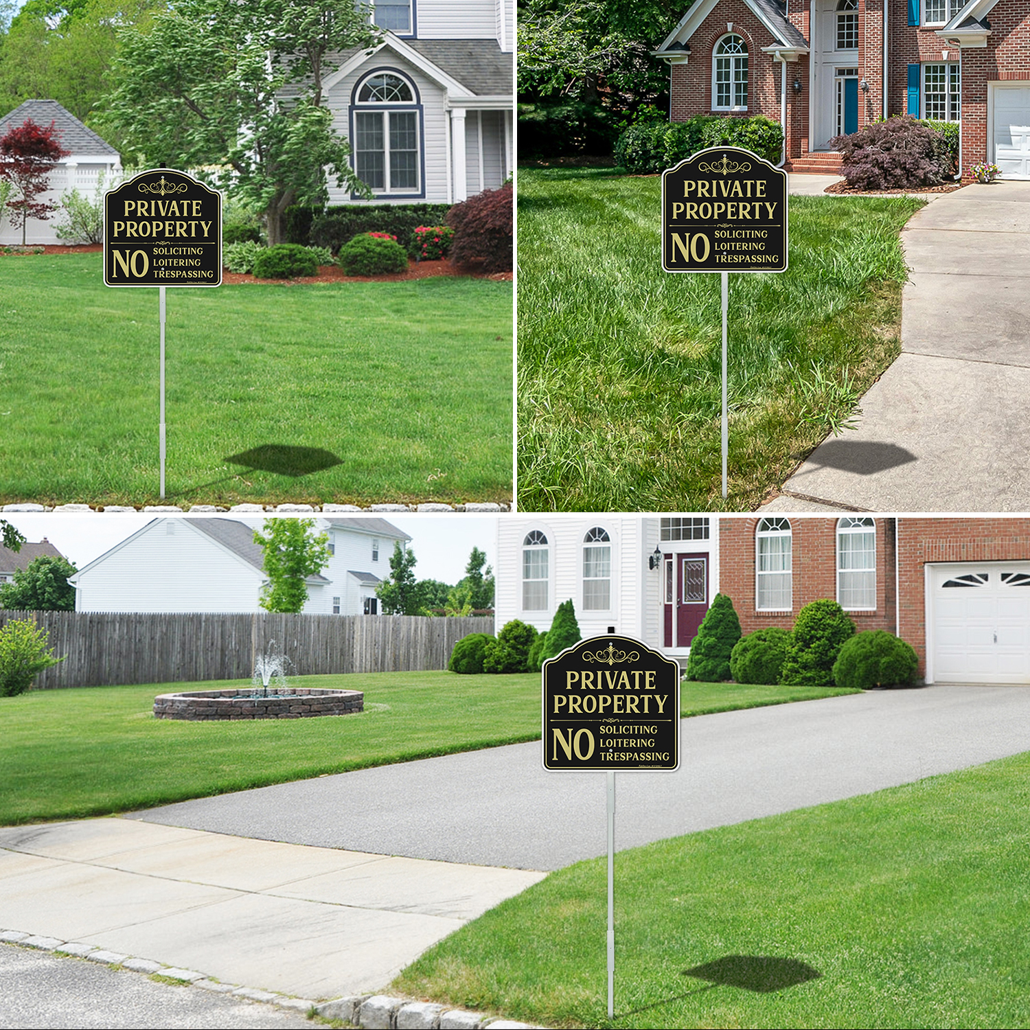 Faittoo Private Property No Soliciting Sign for House with 42" Stake, 4-Pack 12"x12" Rust Free Heavy Aluminum, Reflective, Fade Resistant, 2 pre-drilled holes, Includes Matching Screws & Wrench