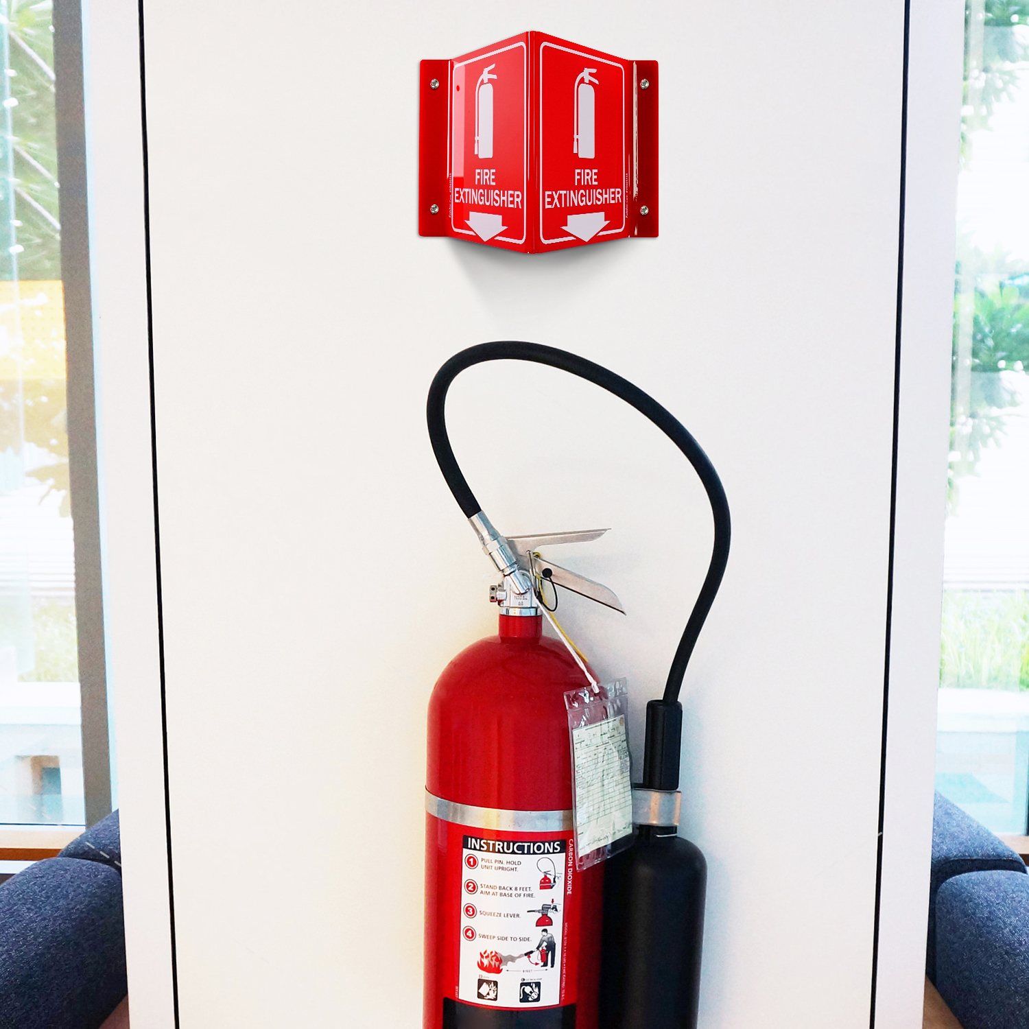 Faittoo Fire Extinguisher Sign, Fire Extinguisher with Down Arrow - 5 Pack 6 x 8 Inches V-Shaped Acrylic Plastic, 4 Pre-Drilled Holes, Includes Matching Screws, Use for Home Office/Business