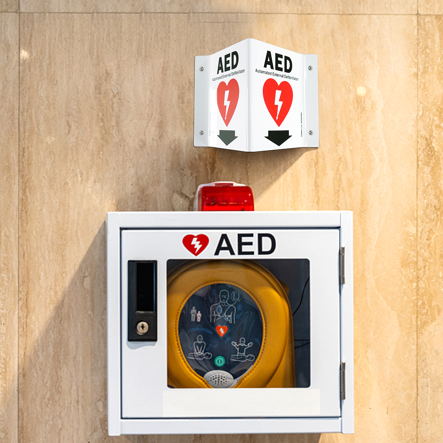 Faittoo AED Sign, AED with Down Arrow - 5 Pack 6 x 8 Inches V-Shaped Acrylic Plastic, 4 Pre-Drilled Holes, Includes Matching Screws, Use for Home Office/Business