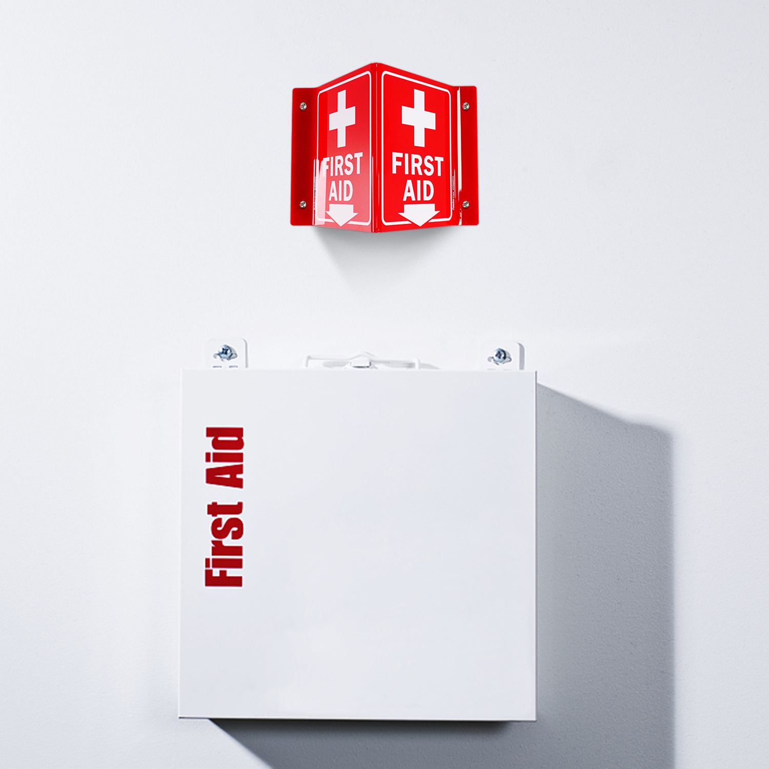 Faittoo First Aid Sign, 5 Pack First Aid with Cross Symbol - 6 x 8 Inches V-Shaped Acrylic Plastic, 4 Pre-Drilled Holes, Includes Matching Screws, Use for Home Office/Business