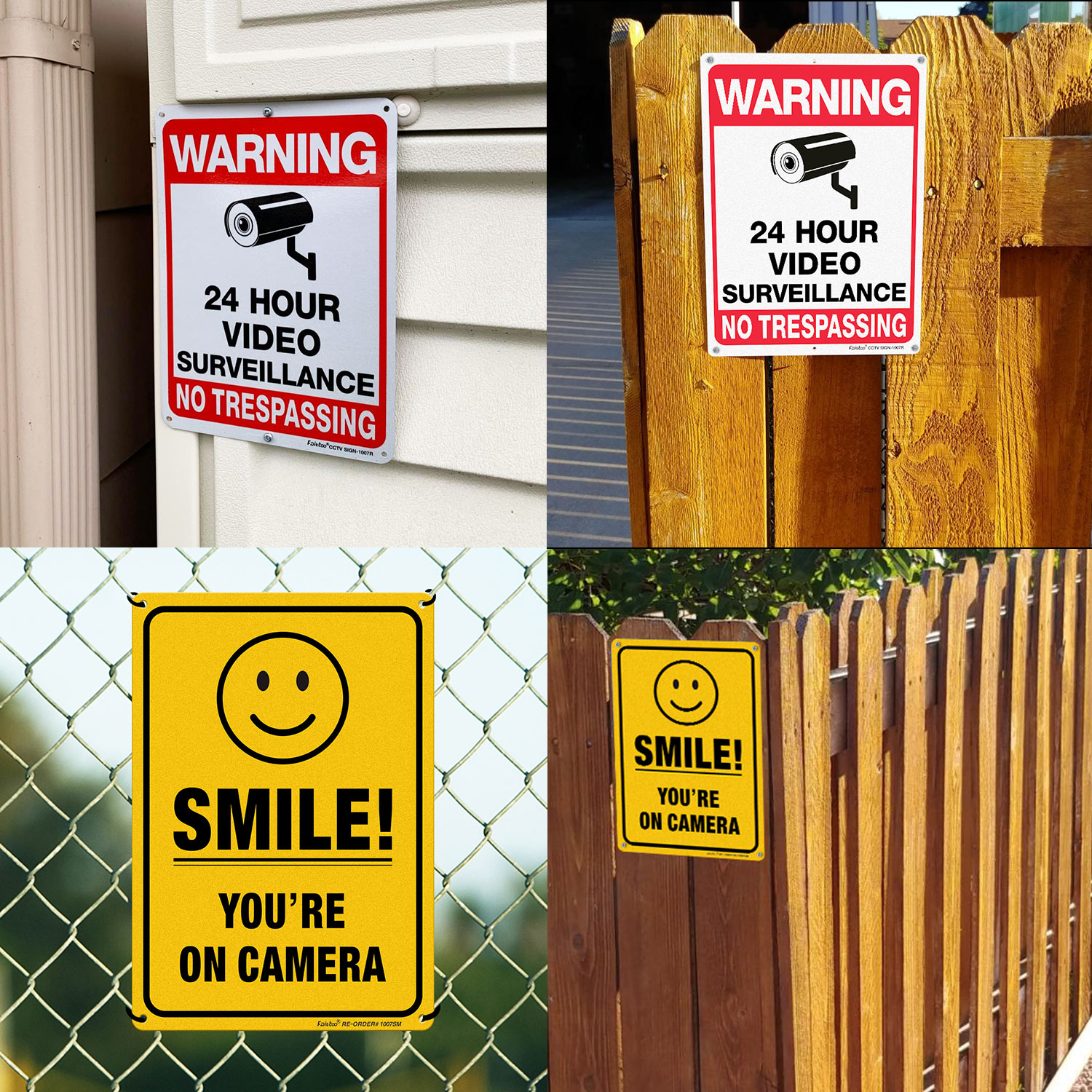 Faittoo Video Surveillance No Trespassing Smile You're On Camera Sign, (4 Pack) 10 x 7 In Rust Free .040 Aluminum Warning Sign for Home, Business, CCTV, Reflective, UV Protected, Fade Resistant