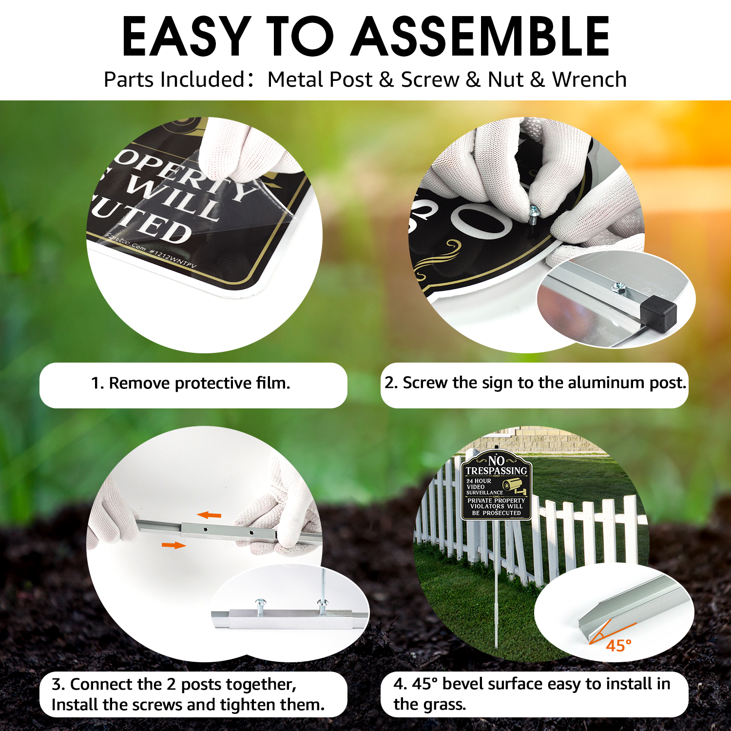 Faittoo No Trespassing Signs Private Property Video Surveillance Sign with 42" Stake, 4-Pack 12"x12" Rust Free Aluminum, Reflective, 2 pre-drilled holes, Includes Matching Screws & Wren (White)