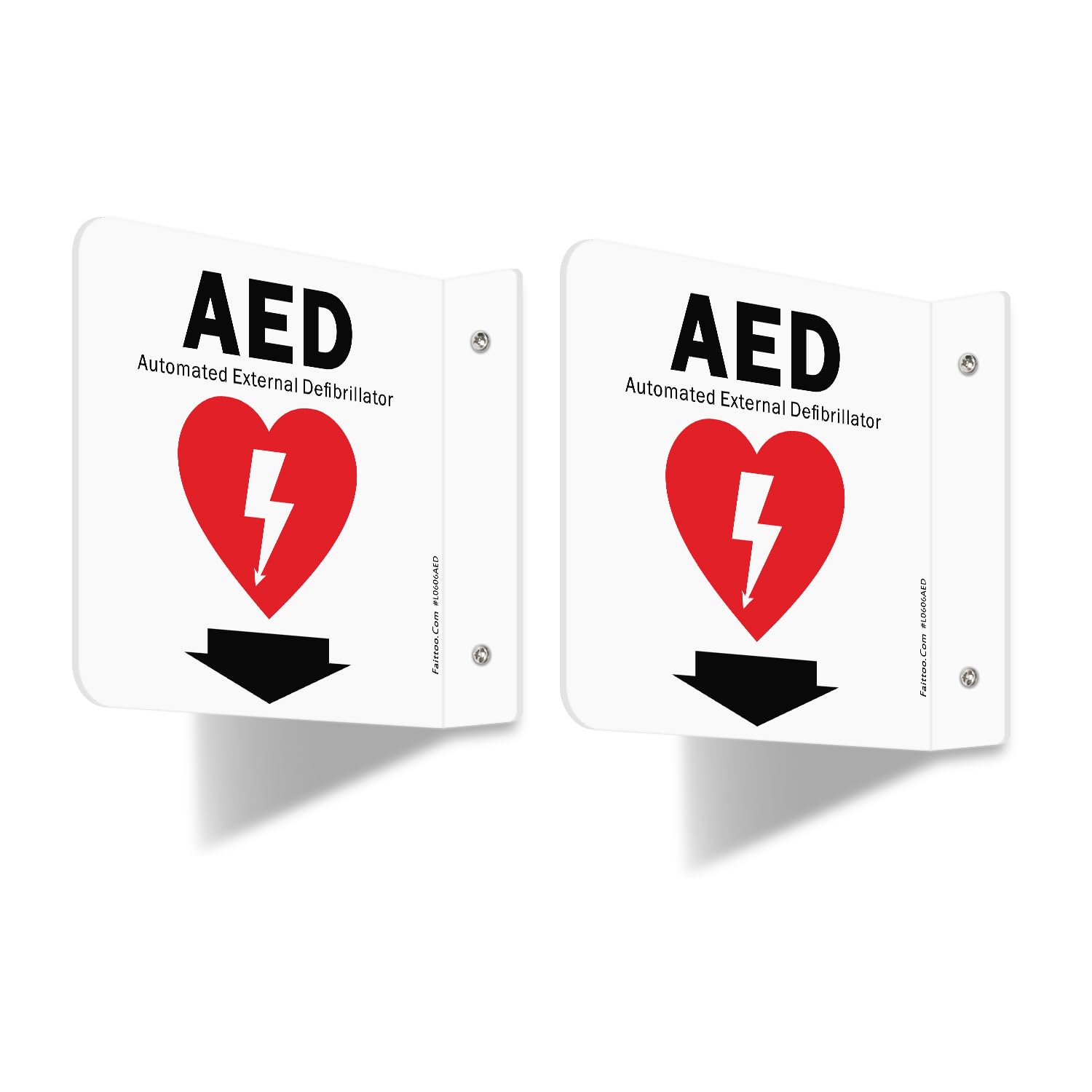 Faittoo AED Sign, AED Automated External Defibrillator with Down Arrow Sign, 6x6 Inches 90D Projection - Acrylic, 2 Pre-Drilled Holes, Includes Matching Screws, Use for Home Office/Business, 2 Pack