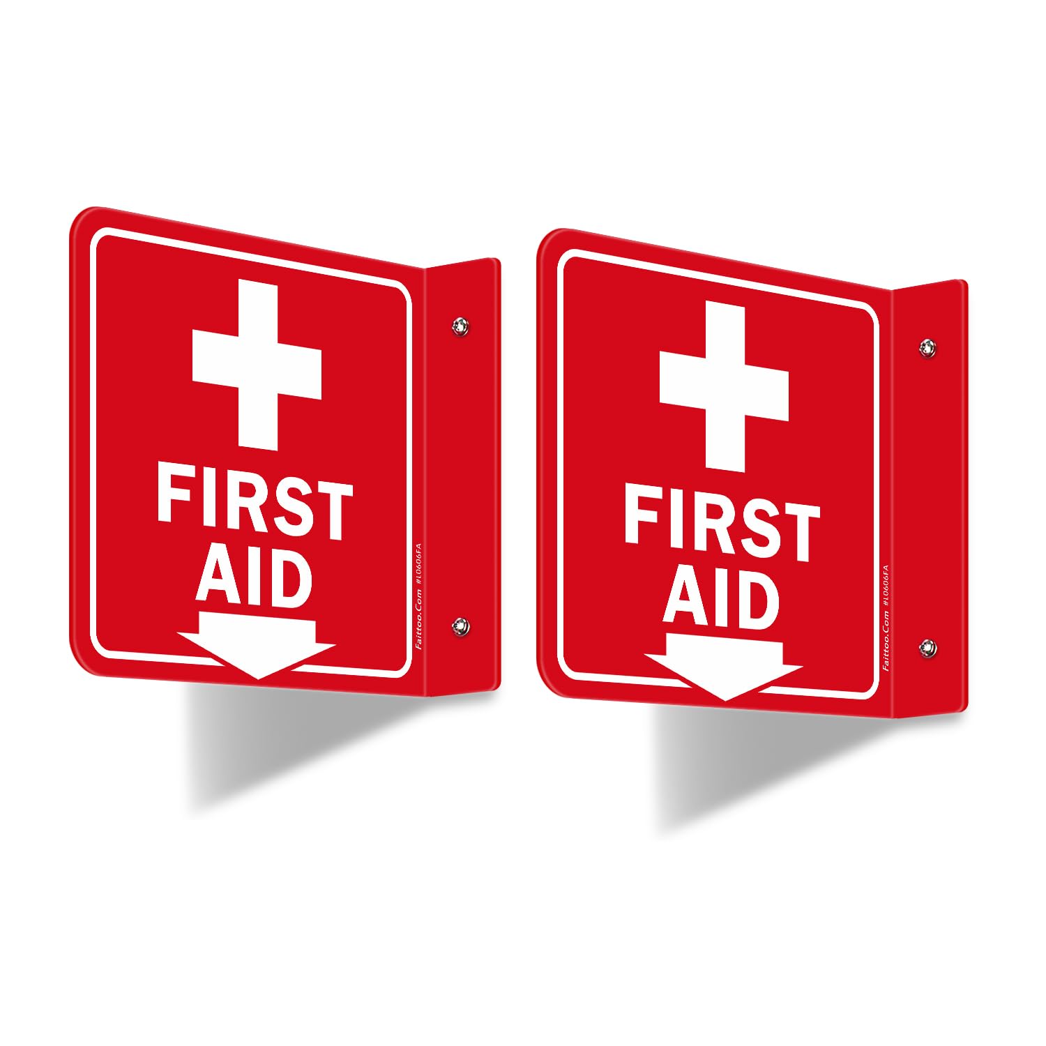 Faittoo First Aid Sign, 2 Pack First Aid with Cross Symbol - 6 x 6 Inches Acrylic Plastic, 2 Pre-Drilled Holes, Includes Matching Screws, Use for Home Office/Business