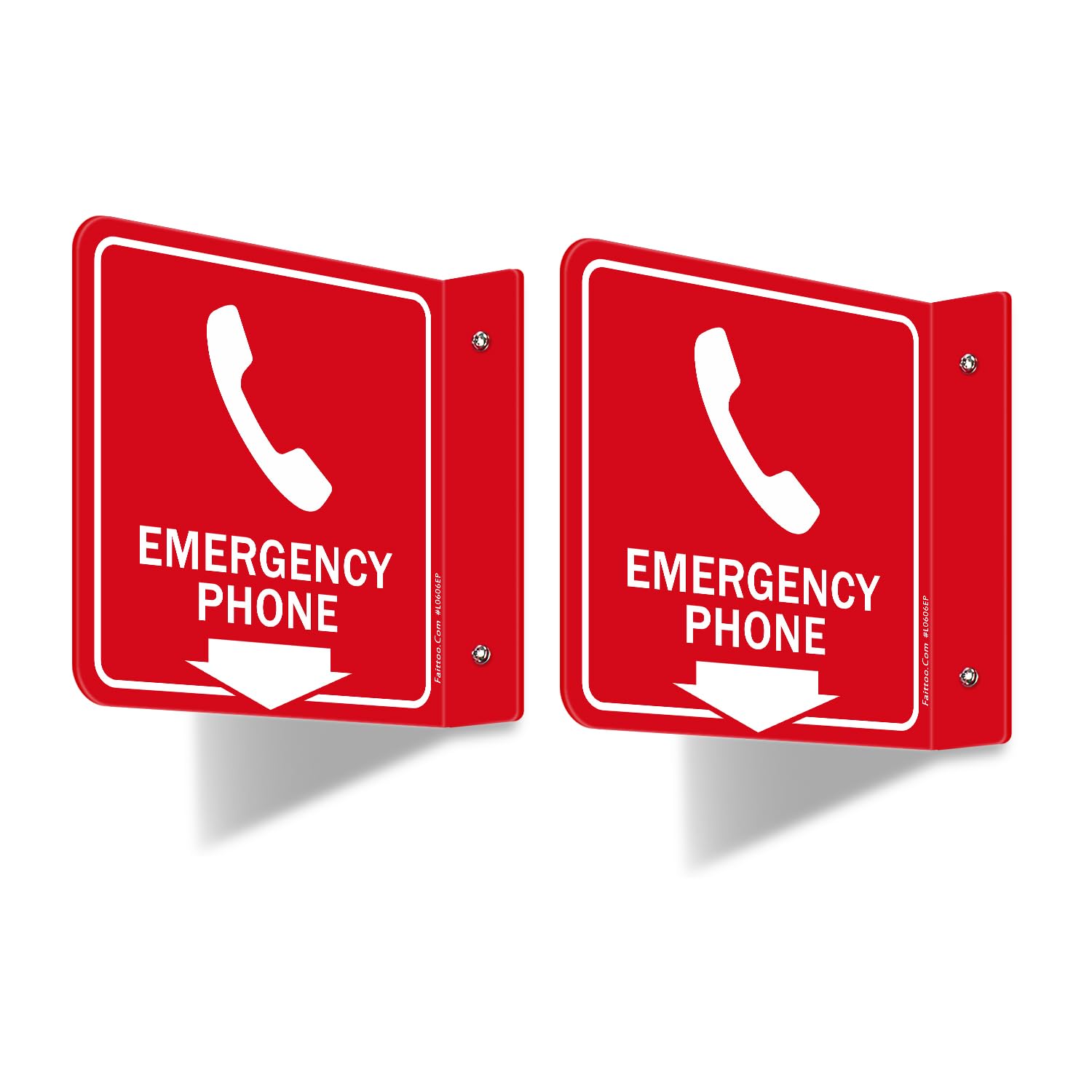 Faittoo Emergency Phone Sign, 2 Pack Emergency Phone with Down Arrow - 6 x 6 Inches Acrylic Plastic, 2 Pre-Drilled Holes, Includes Matching Screws, Use for Home Office/Business