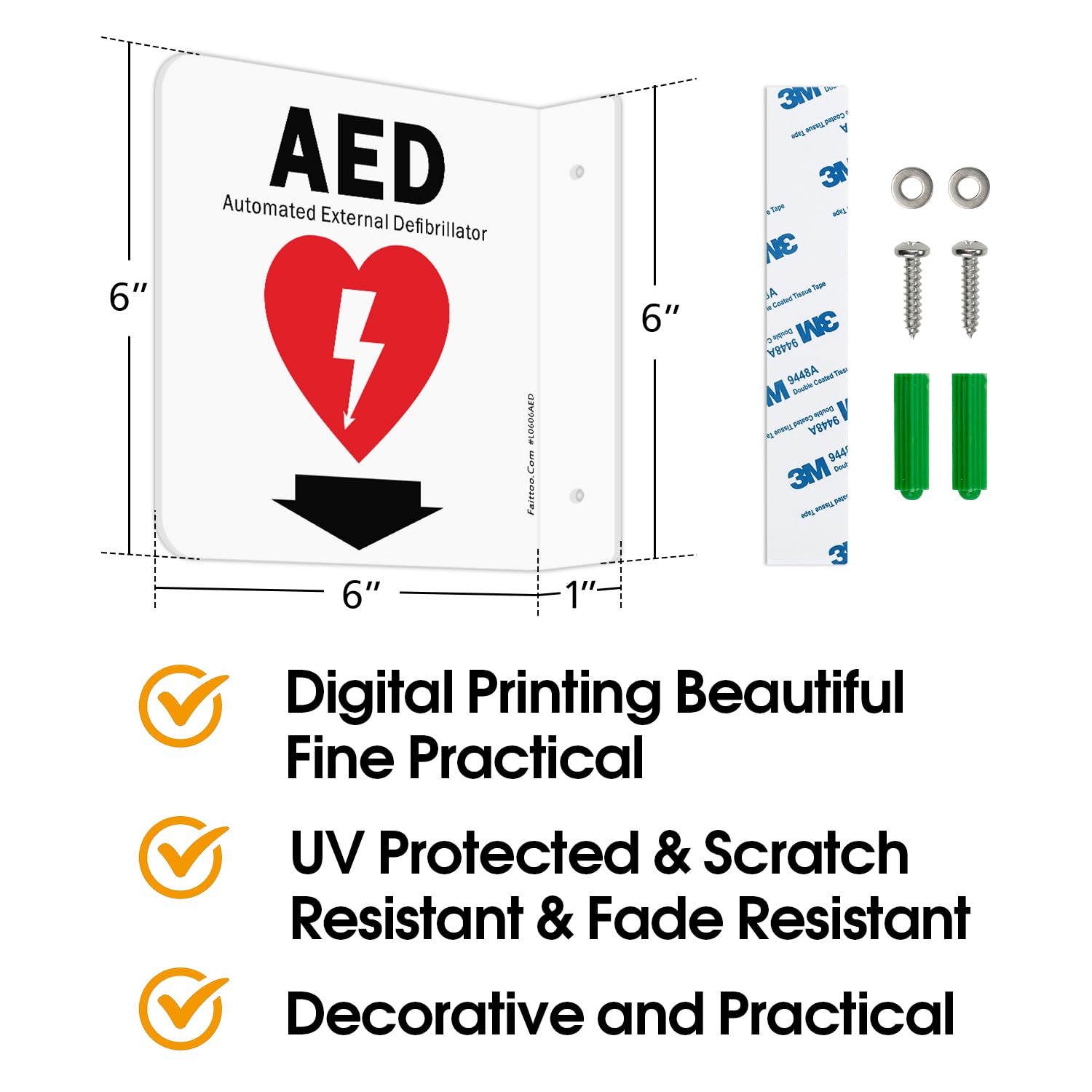 Faittoo AED Sign, AED Automated External Defibrillator with Down Arrow Sign, 6x6 Inches 90D Projection - Acrylic, 2 Pre-Drilled Holes, Includes Matching Screws, Use for Home Office/Business, 2 Pack